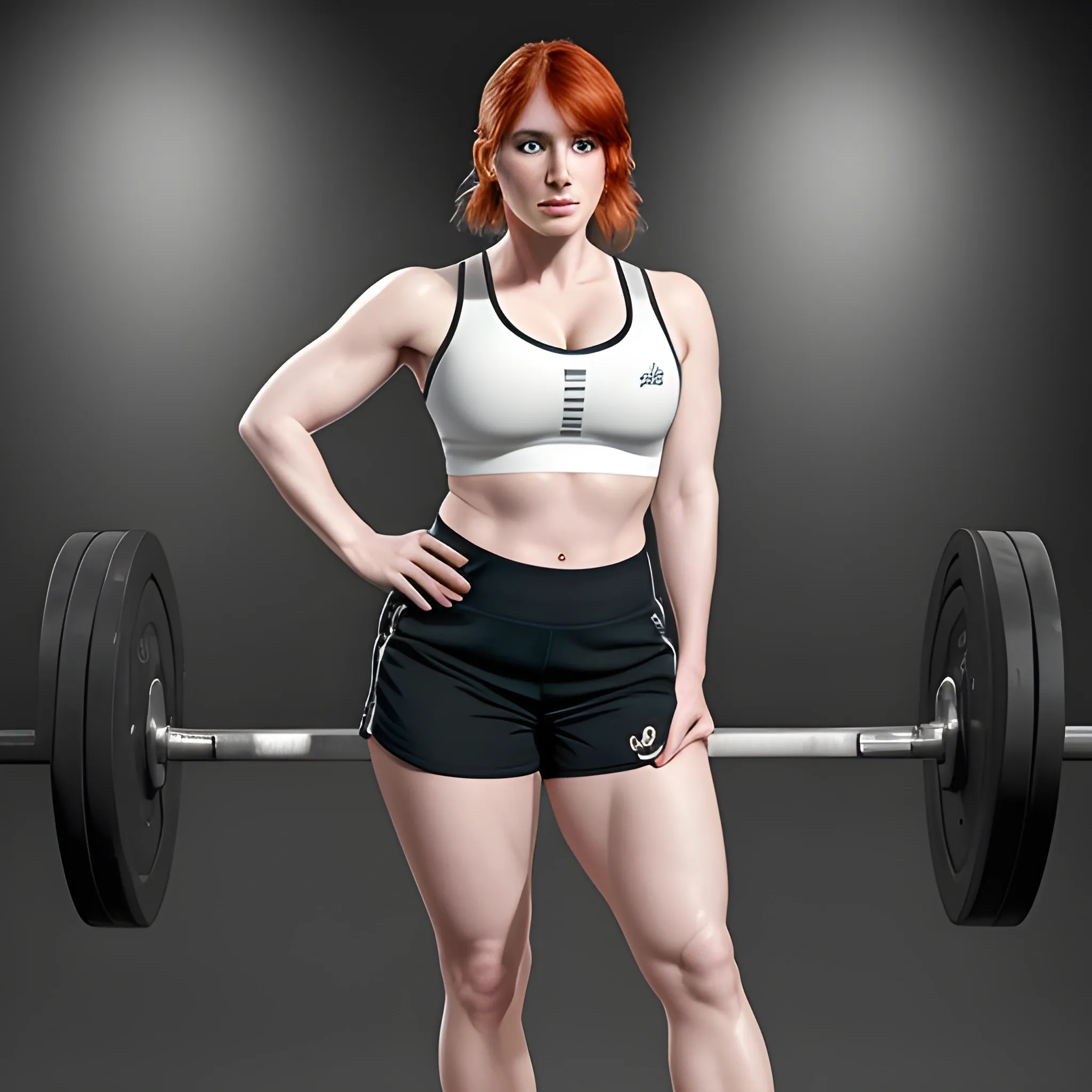 Full body image of Bryce Dallas Howard wearing a sports bra and Gym shorts. White sneakers, cleavage, sweat. Black background. Very realistic, HQ, 8K, HDR, Realistic skin