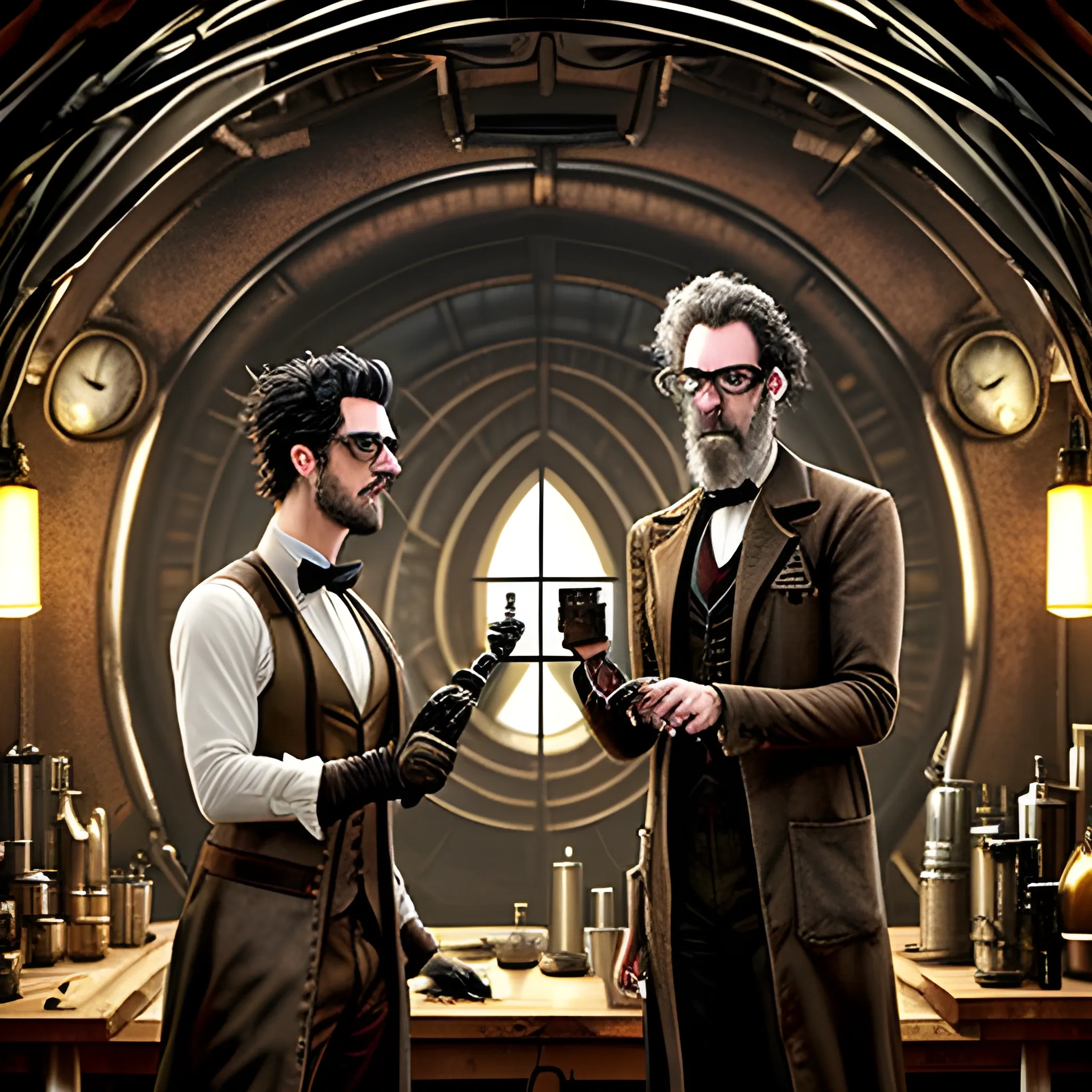 Make a creepy mad scientist working, in his laboratory, with a son, who has no beard. His son is wild-eyed just like he is. They both are standing over slabs. This is a 21st century steampunk cave laboratory.insanely symmetrical, 175k UHD resolution.