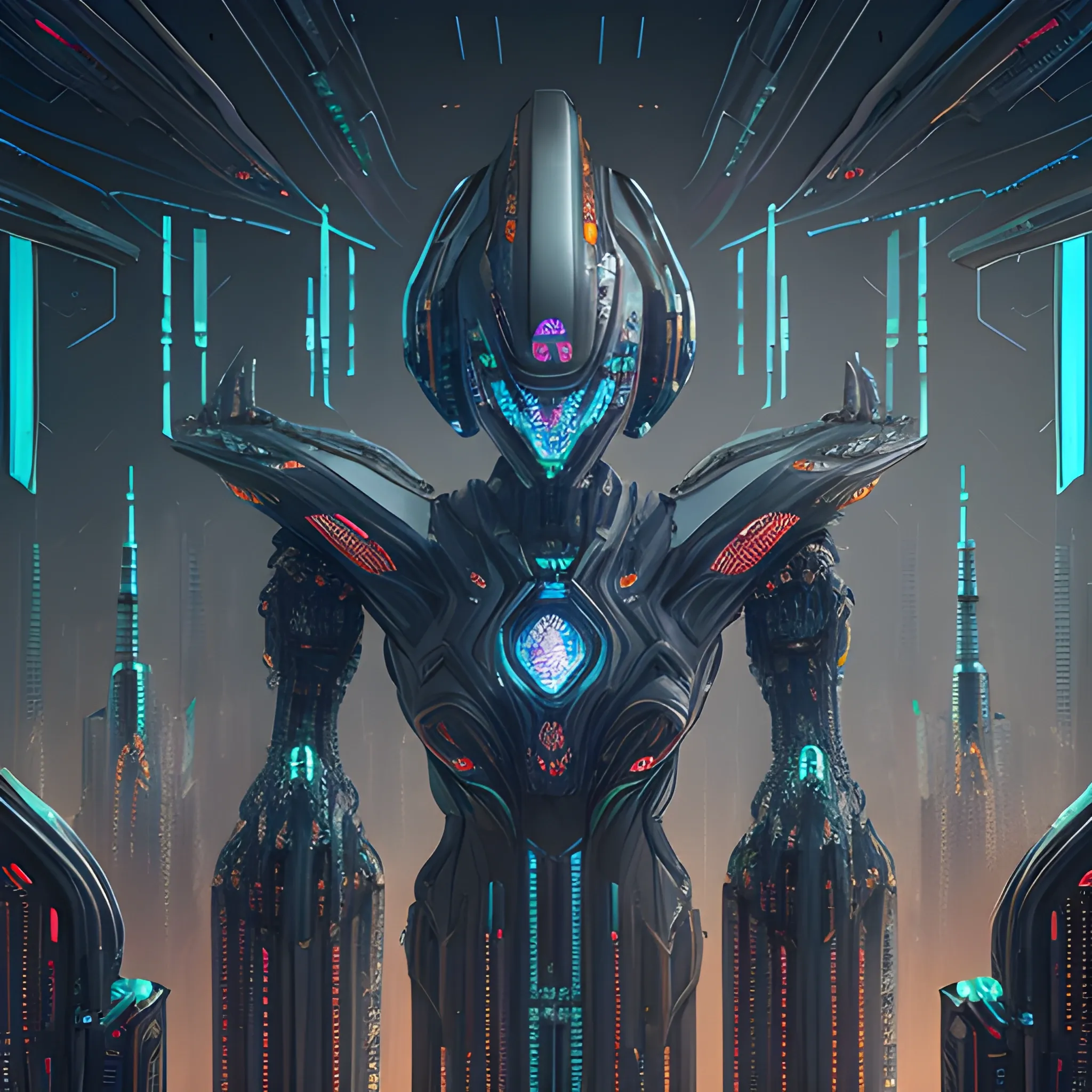 
A futuristic, cyberpunk-inspiring a humanoid, metallic mechanical robot. The scene has various gears, wires, and circuitry, giving off a cool, toxic blue cityscape with towering skyscrapers and holographic advertisements. The overall design exudes a sense of advanced technology and urban grit.in space, Sci fi starship biomechanical , complex and detailed, lighting effects, dark ambience, ,intricate work , orange beige ratio, blur haze.
, close-up, hyper detailed, trending on art station, sharp focus, studio photo, intricate details, highly detailed, vibrant glass, protovision, The starships are flying near metallic gold & forest green wired constructed Saturn -Earth-esque planet. In the style of Larry Niven & Ridley Scott., dark fantasy, conceptual art, photo, painting, 3d render, cinematic, illustration, vibrant, architecture