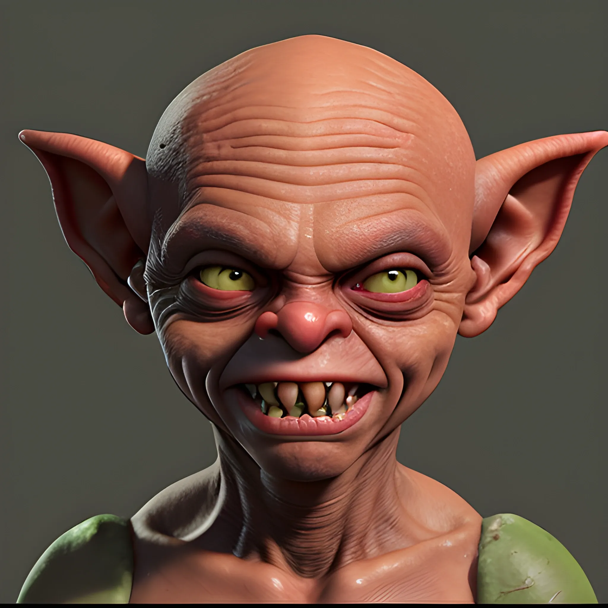 red-skinned goblin with a bald, scabrous scalp and a face like a chapped welt. His eyes are cat-like, his nose a malformed cavity, his mouth lipless and crusty, black gums and rows of shark-like teeth, smirking, semi-realistic style