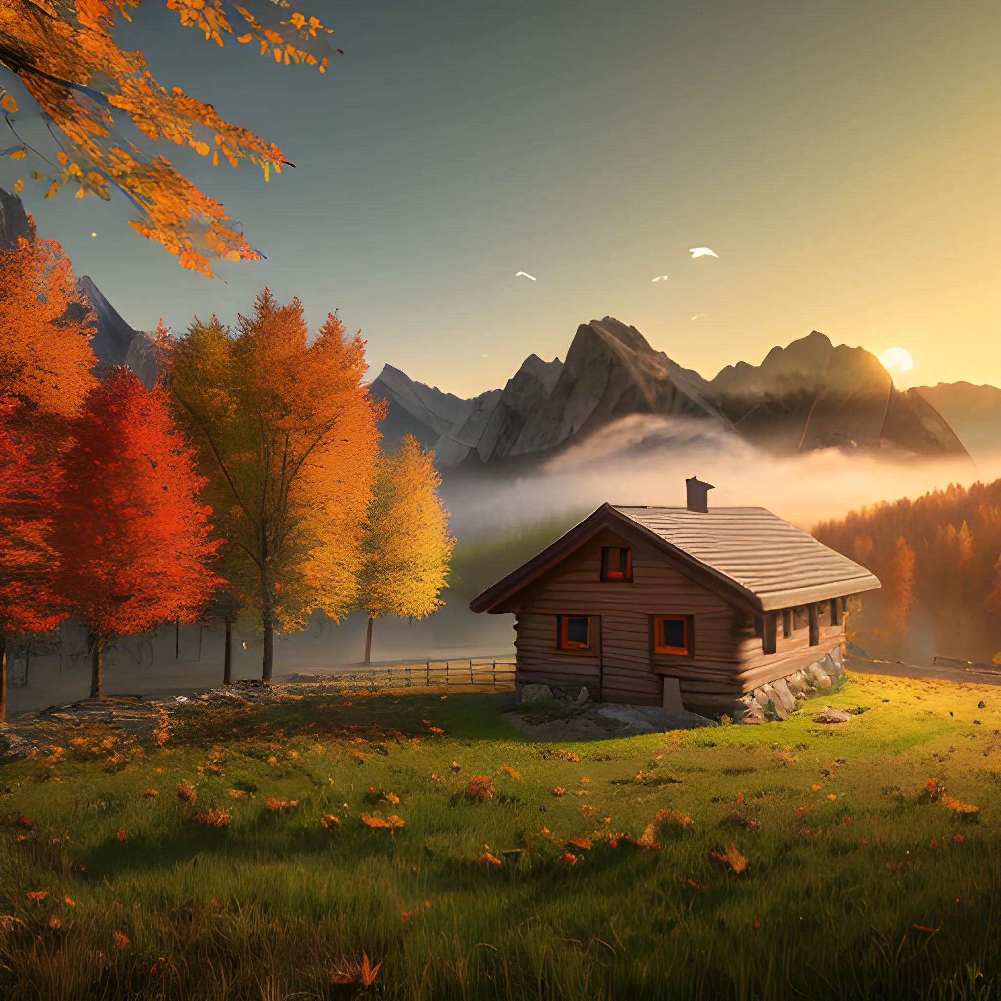 Mountain hut, green grass, colorful autumn trees, leafs falling, warm light, fine details, high definition, realism, sunrise, raytracing, spectacular light, fog, HD, 8k