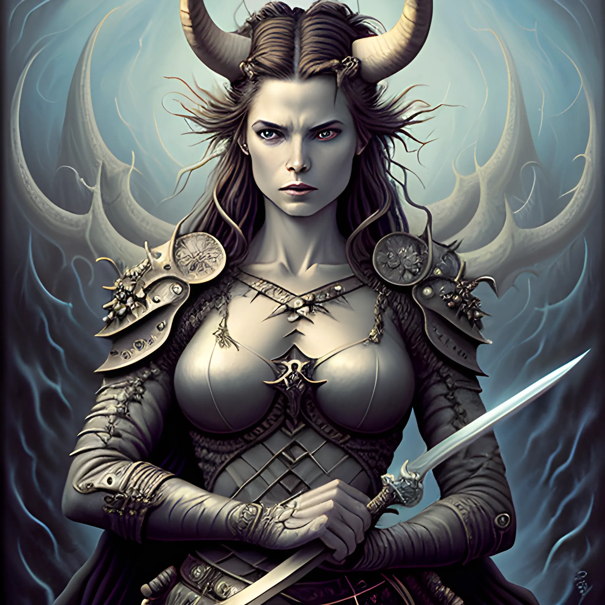 a painting of a horned woman holding a sword, an airbrush painting by Todd Lockwood, fantasy art, detailed painting, apocalypse art, tarot card