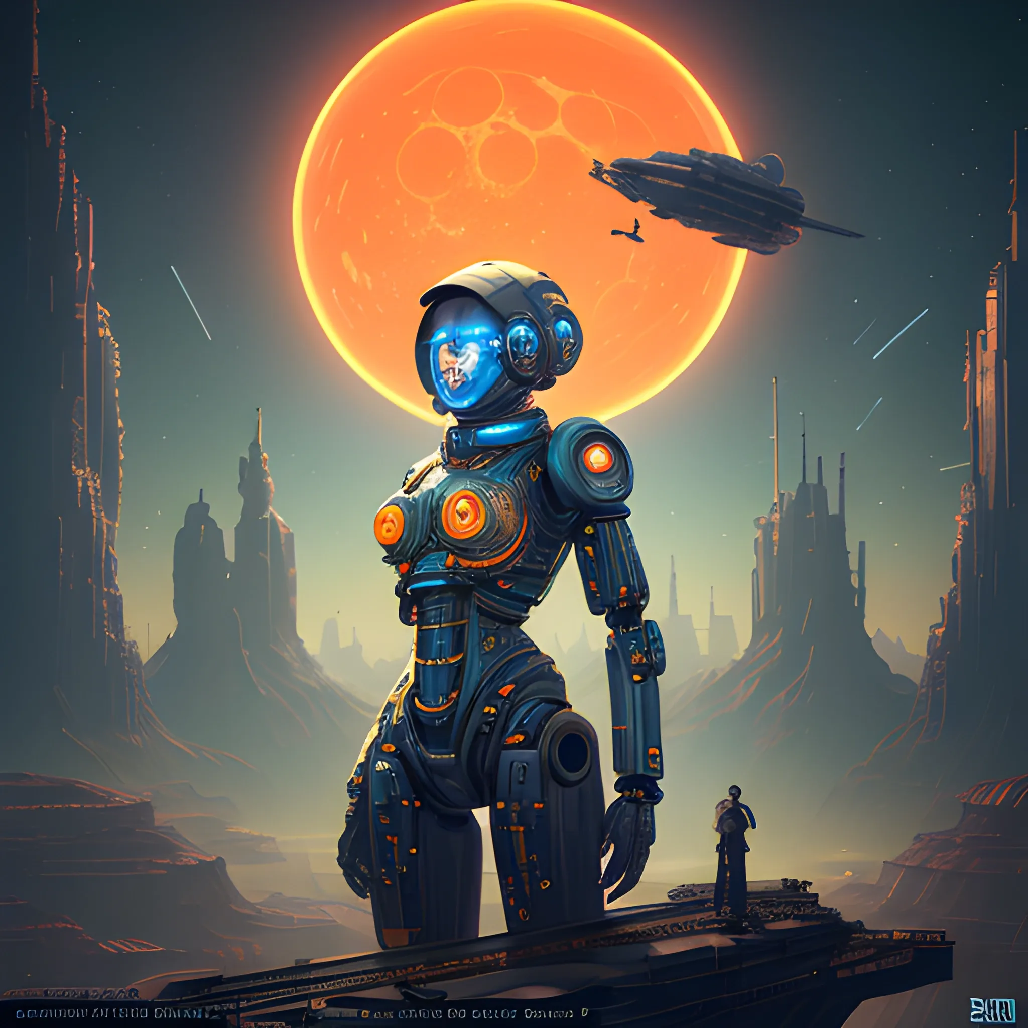 Highly detailed fantasy western landscape with steampunk locomotive, cowboy, train station and saloon.A female astronaut standing on a barren, desert-like extraterrestrial landscape. She wears a sleek, form-fitting yellow and black spacesuit adorned with various patches and a distinctive orange logo on her chest. Hans Darias AI. Her blonde hair is tied up in a bun, and she has a focused expression on her face. In the background, a massive planet, possibly Saturn, looms large, casting a reddish hue over the scene. The sky is dotted with stars, and the overall ambiance suggests a setting on another planet or a moon, maybe Titan.A futuristic, cyberpunk-inspiring a humanoid 🤖male, metallic male mechanical robot. The scene has various gears, wires, and circuitry, giving off a cool, toxic blue cityscape with towering skyscrapers. The overall design exudes a sense of advanced technology and urban grit.in space, Sci fi starship biomechanical , complex and detailed, lighting effects, dark ambience, ,intricate work , orange beige ratio, blur haze. , close-up, hyper detailed, trending on art station, sharp focus, studio photo, intricate details, highly detailed, vibrant glass, protovision, The starships are flying near metallic gold & forest green wired constructed Saturn -Earth-esque planet. In the style of Larry Niven & Ridley Scott., dark fantasy, conceptual art, photo, painting, 3d render, cinematic, illustration, vibrant, architecture., 3d render, dark fantasy, painting, illustration, conceptual art, cinematic, vibrant, photo