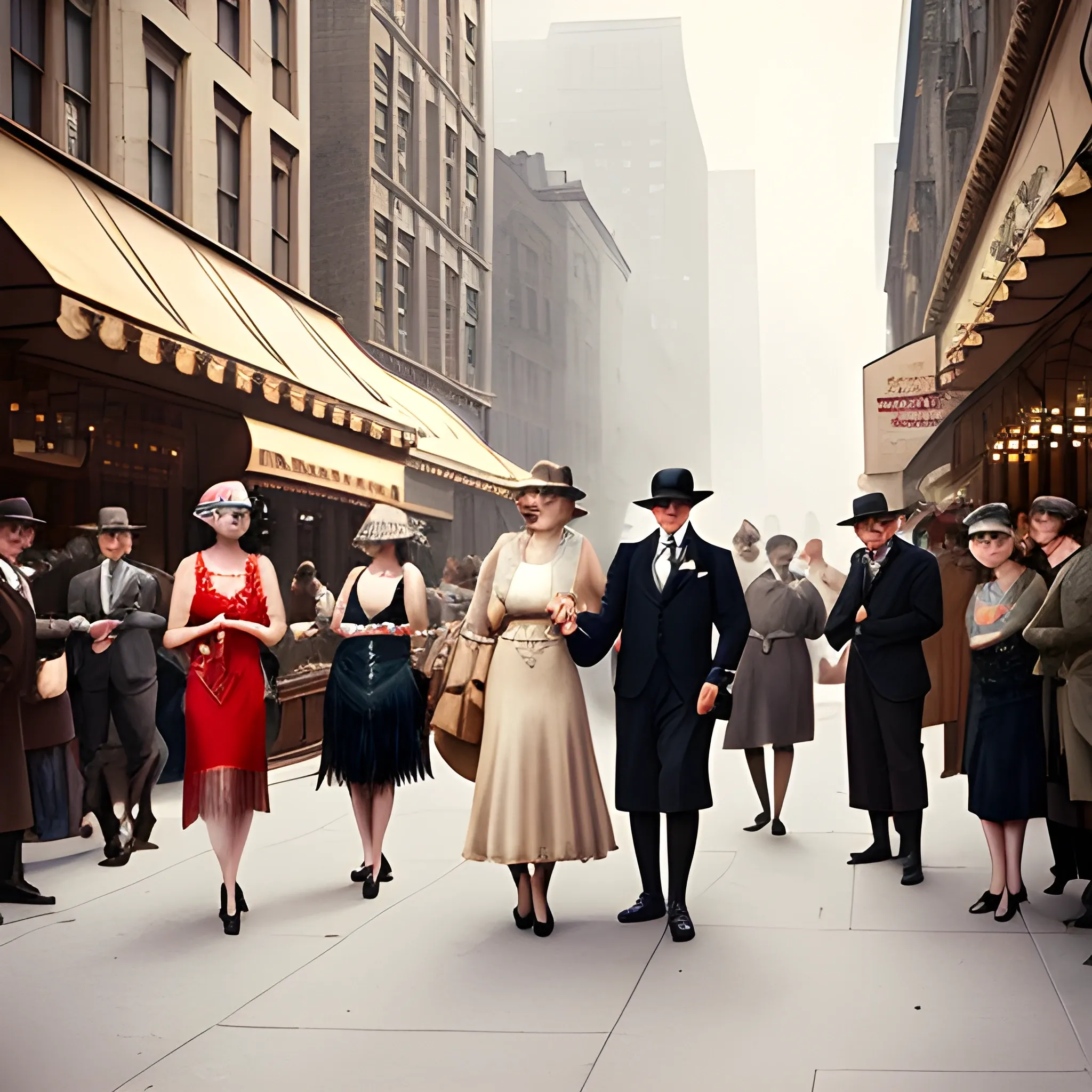 Create a vintage 1920s street scene in a bustling city with tall buildings and smoky atmosphere. In the center, depict a group of stylish flapper women smoking cigeratte confidently arm-in-arm, dressed in elegant 1920s fashion including cloche hats, fur stoles, and long beaded necklaces. Surround them with a crowd of men and women dressed in period clothing, some holding old-fashioned cameras and taking photographs. Ensure the background includes iconic 1920s architectural elements and street lamps to enhance the historical setting.