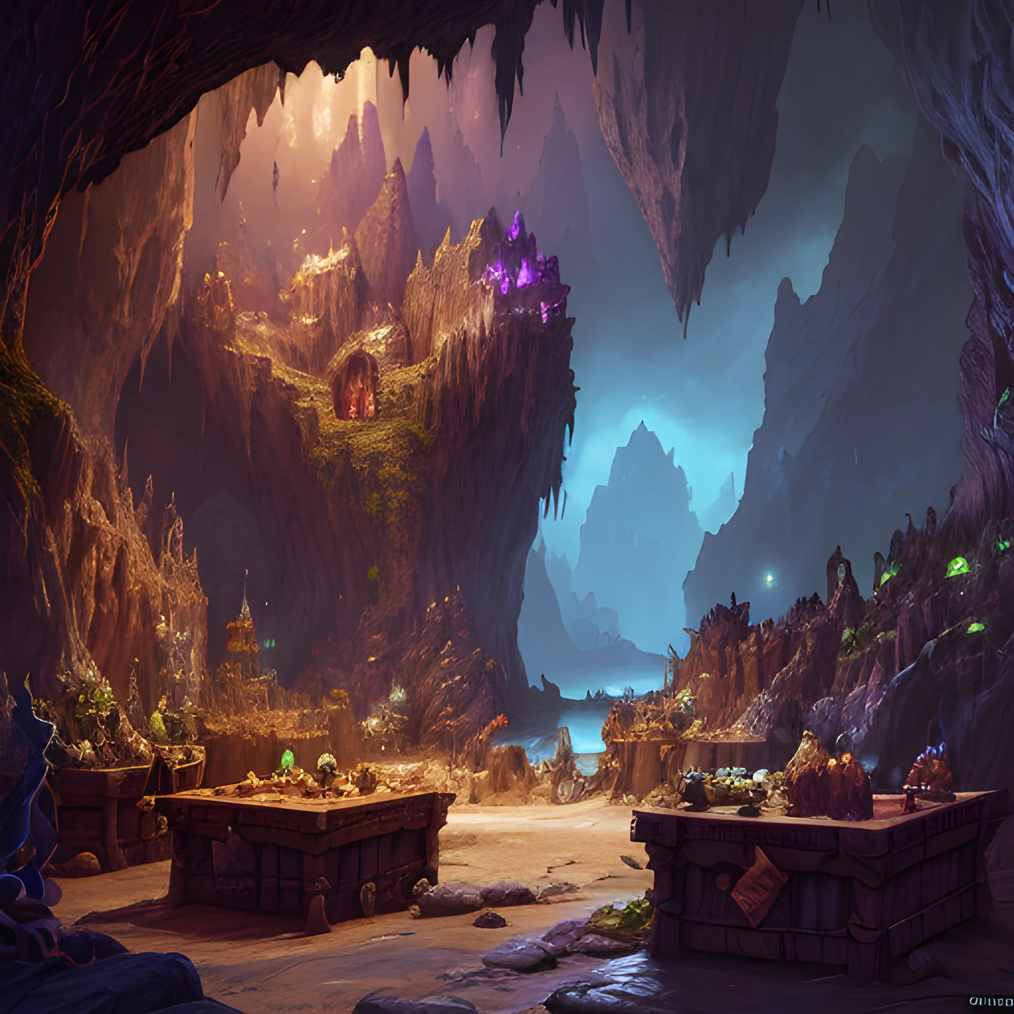 dnd fantasy cavern Market, high fantasy, high resolution, high quality, photorealistic, hyperealistic, detailed, detailed matte painting, deep color, fantastical, intricate detail, splash screen, complementary colors, fantasy concept art, 8k resolution trending on Artstation Unreal Engine 5