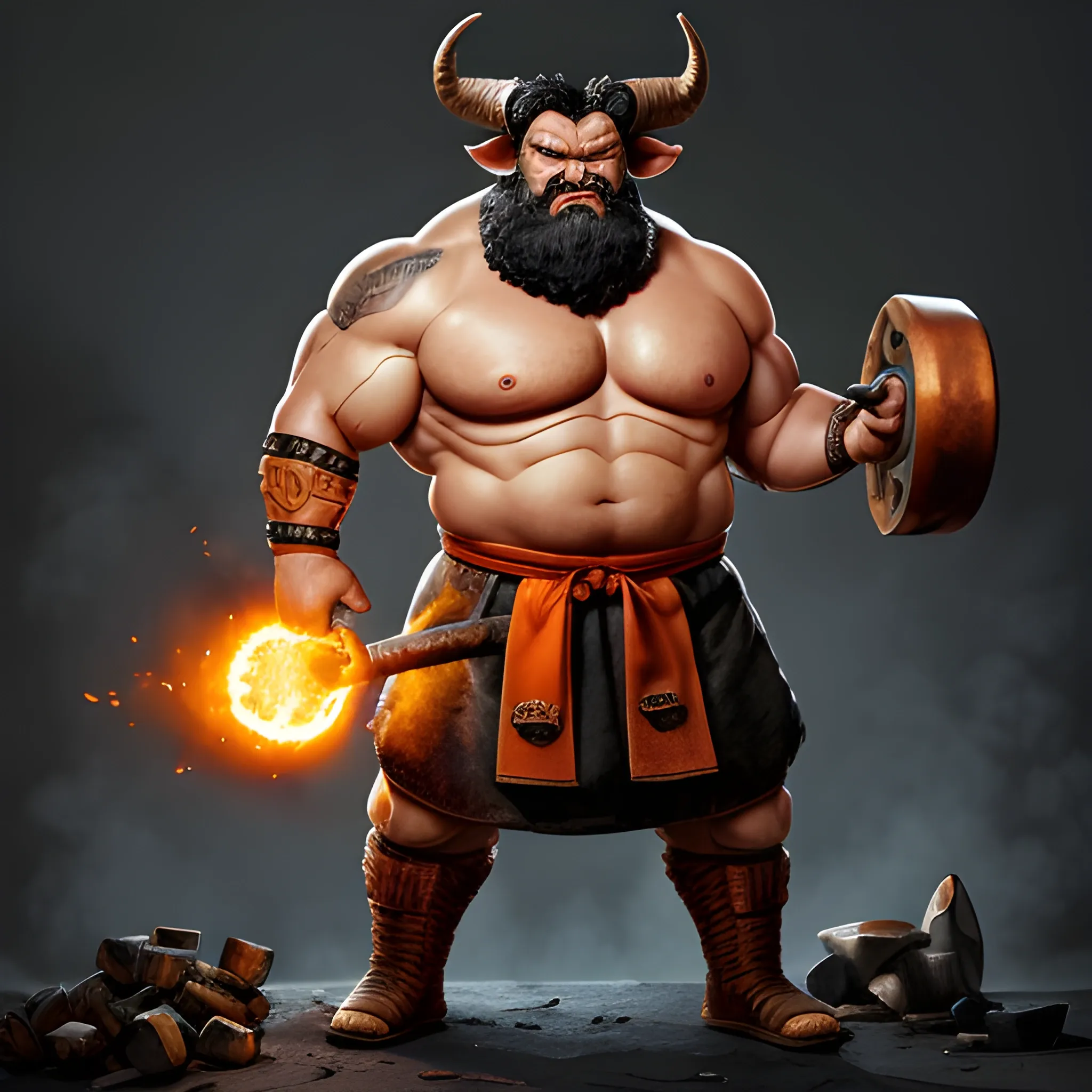 Ornn is a demigod of Freljord, representing creation, hard work and self-sufficiency. He is stocky, robust and has the appearance of an imposing ram.

Physical Appearance:

Stocky and robust, with the appearance of a ram.
Dark red skin, like red-hot iron, and thick, gray fur.
Eyes incandescent like forge fire.
Large curved horns with runic inscriptions.
Body covered in orange markings and runes, symbolizing their connection to the forge and fire.
Clothing and Accessories:

Blacksmith's apron, thick and sturdy, made of leather and metal.
Large forging hammer adorned with runes, and a portable anvil.
Runic pendants and bracelets that amplify his creative power.
Personality:

Solitary, prefers to work alone at his forge.
Meticulous and dedicated, valuing perfection and durability.
Wise and patient, reflecting his creative nature.