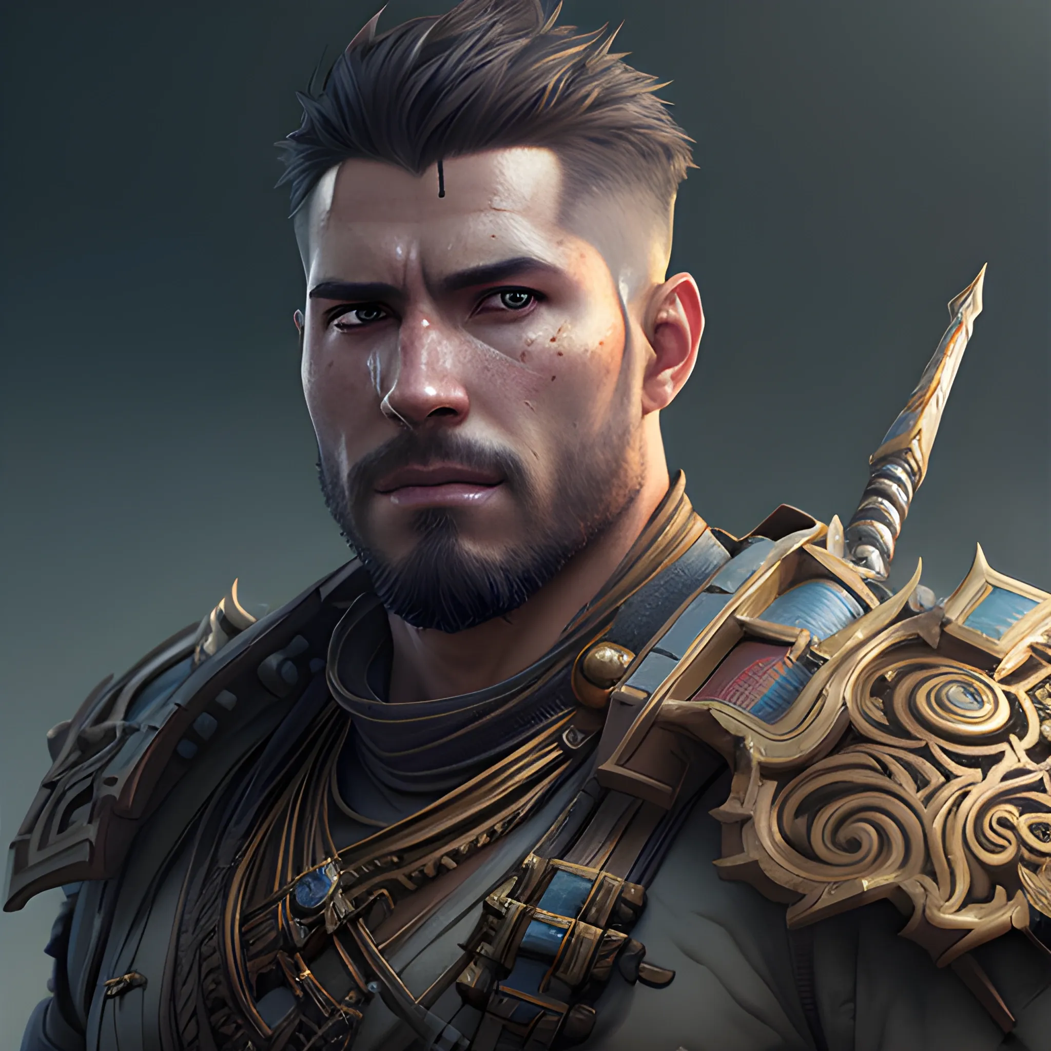 a handsome portrait of a bulge warrior male by and greg rutkowski and wlop, bright color scheme, high key lighting, volumetric light, digital art, highly detailed, fine detail, intricate, ornate, complex, octane render, unreal engine, photorealistic, 