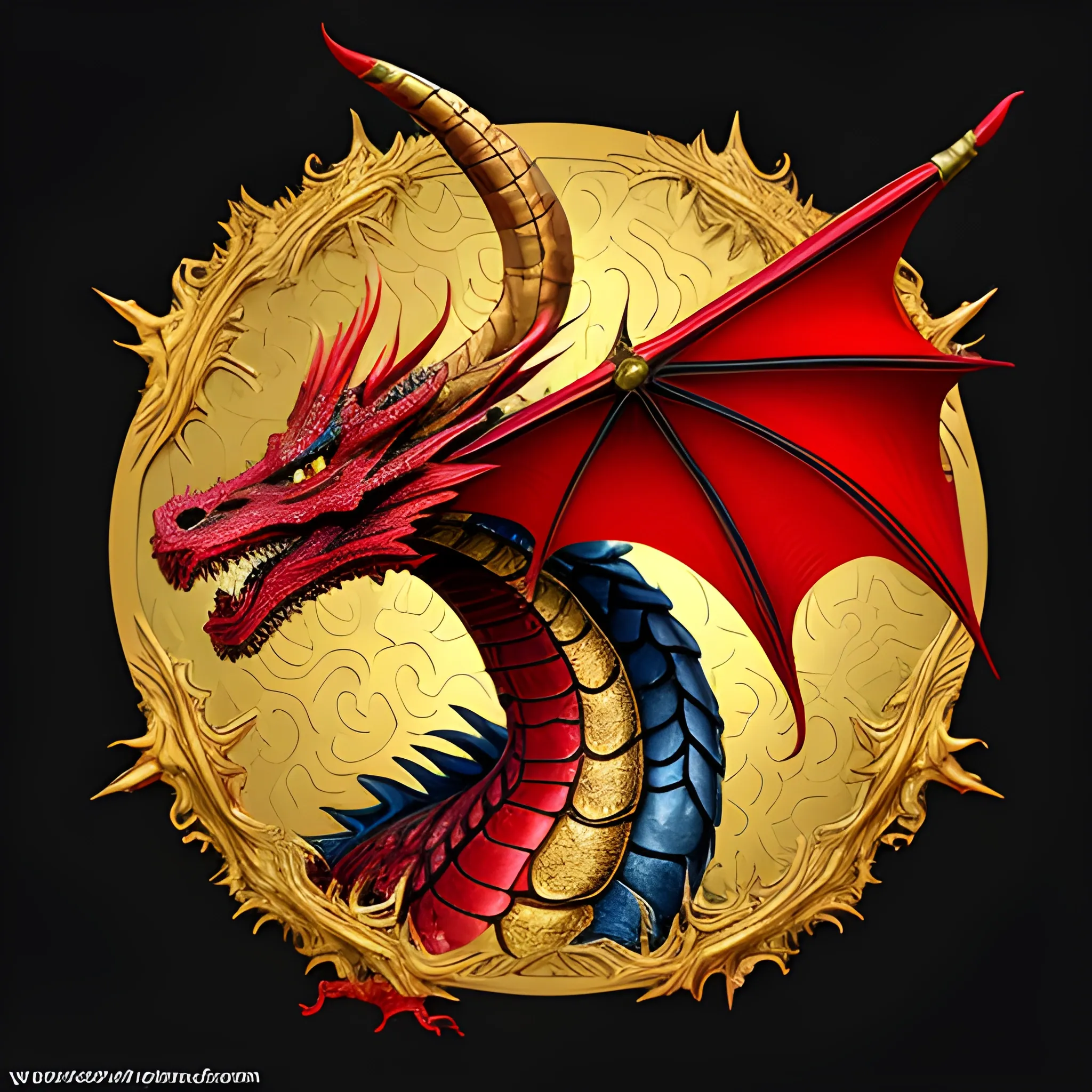 A majestic dragon with red, black and golden colors taking an S shape, super detailed