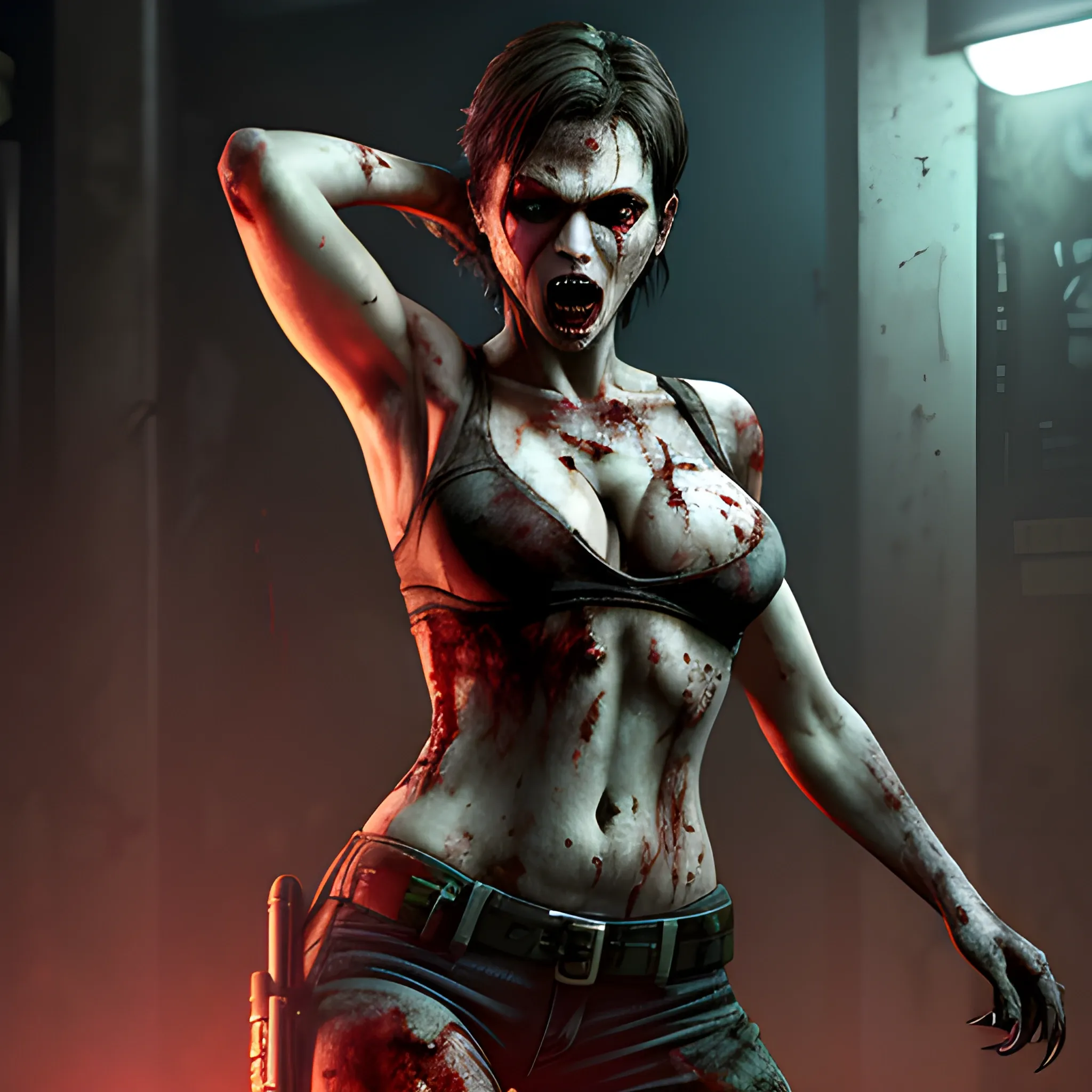 Sexy woman, full body, zombified from the remake of 'Resident Evil 2'. (high resolution, highly detailed: 1.2), cinematic lighting, vibrant colors, 4k, 8k, oled colors, zombie background, night, zombie outbreak, realism, vibrant colors, 

raccoon city background,