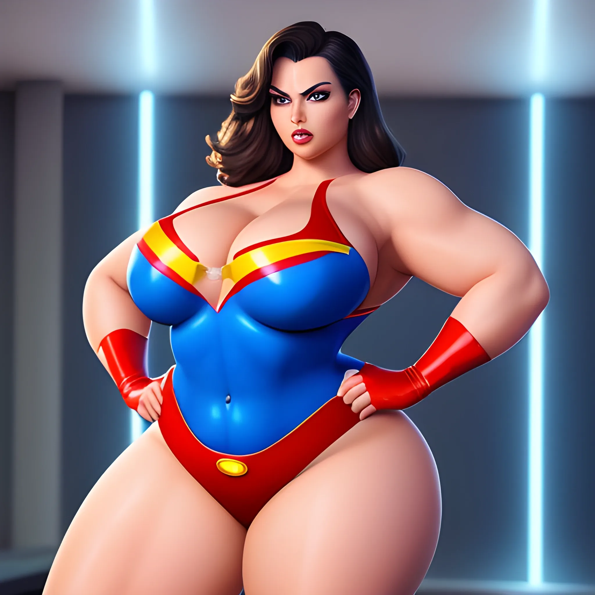 A provocative and hyper sexy lady, voluptuous, big butt, huge thighs facing the viewer's left, but turning to look and leaning dynamically and flirtatiously looking at the viewer. Dressed in a Superman costume, full body, eye-catching details, realistic, vibrant and ultra-detailed colors, 8k