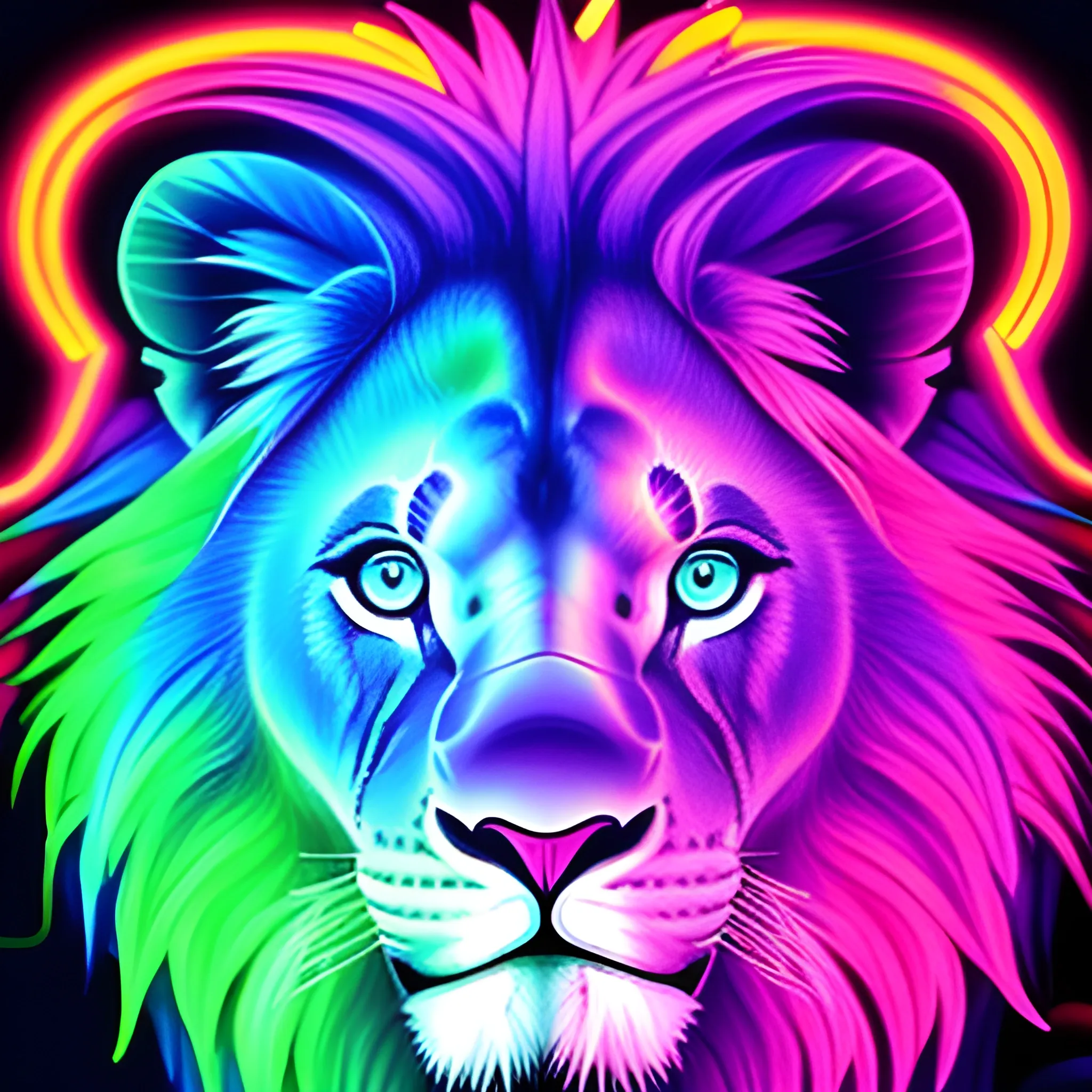 /imagine message: Lion Face, A close-up view of a lion's face outlined in vibrant neon lights against a dark night sky, the neon colors softly reflect off the lion's fur, making it appear as if the lion was present and ethereal. Digital art, using bright neon colors and glow effects to enhance the outline and features of the lion's face, --ar 1:1 --v 5, Watercolor