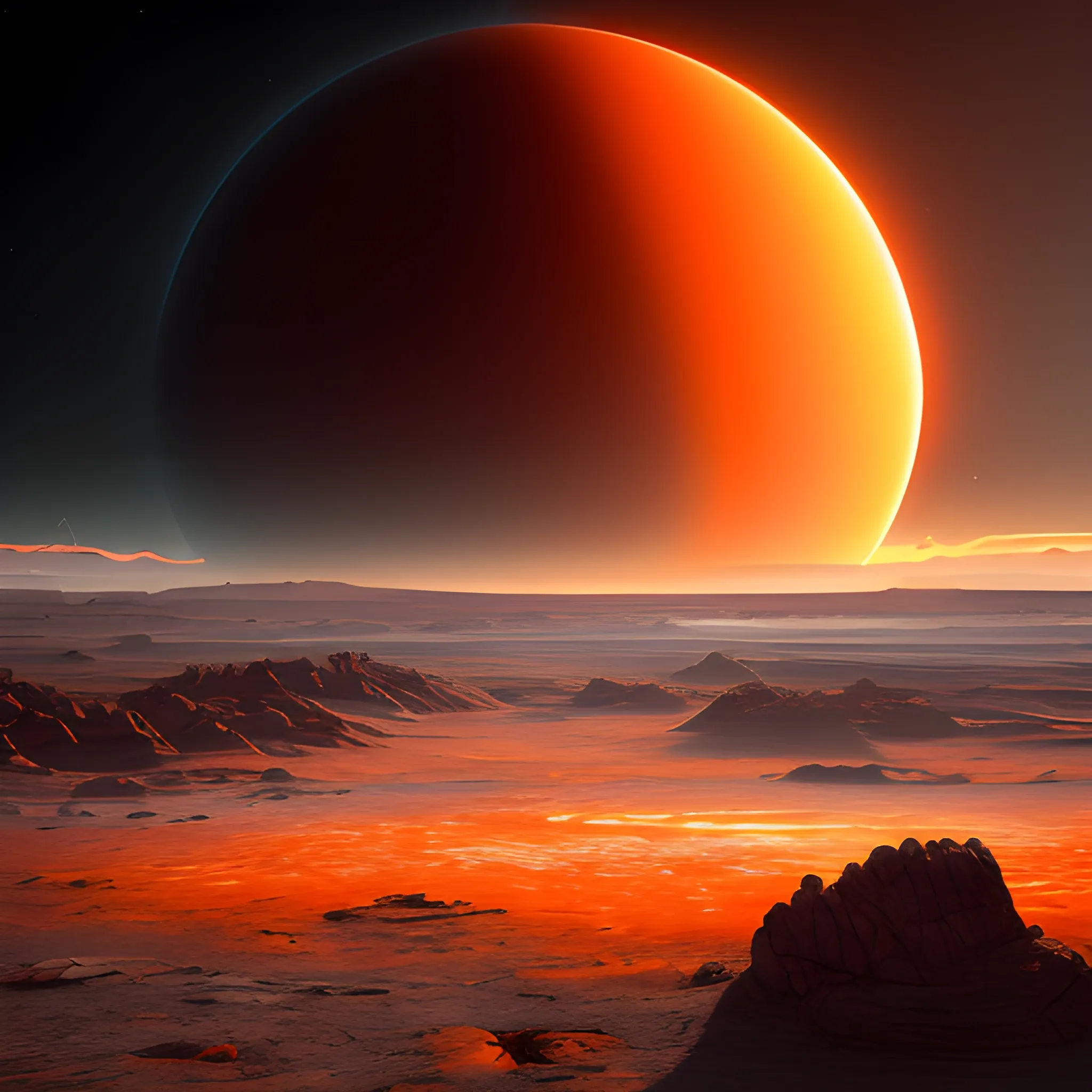 You are a great landscape photographer.
Imagine a science fiction scene on an exoplanet, on a vast plain with a background of two orange suns.

Hyper realistic, 8k