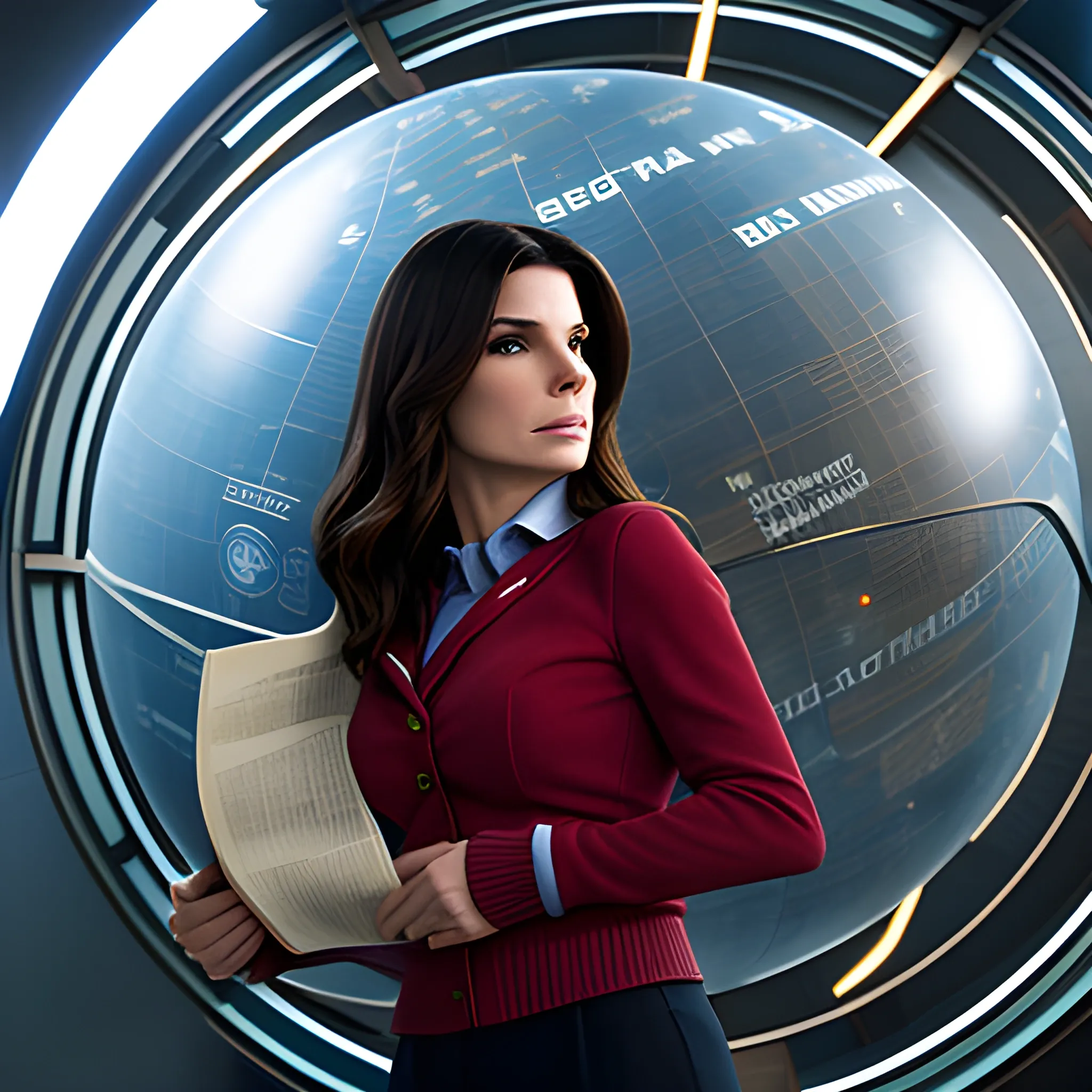 Sandra Bullock as Lois Lane standing outside the daily planet globe