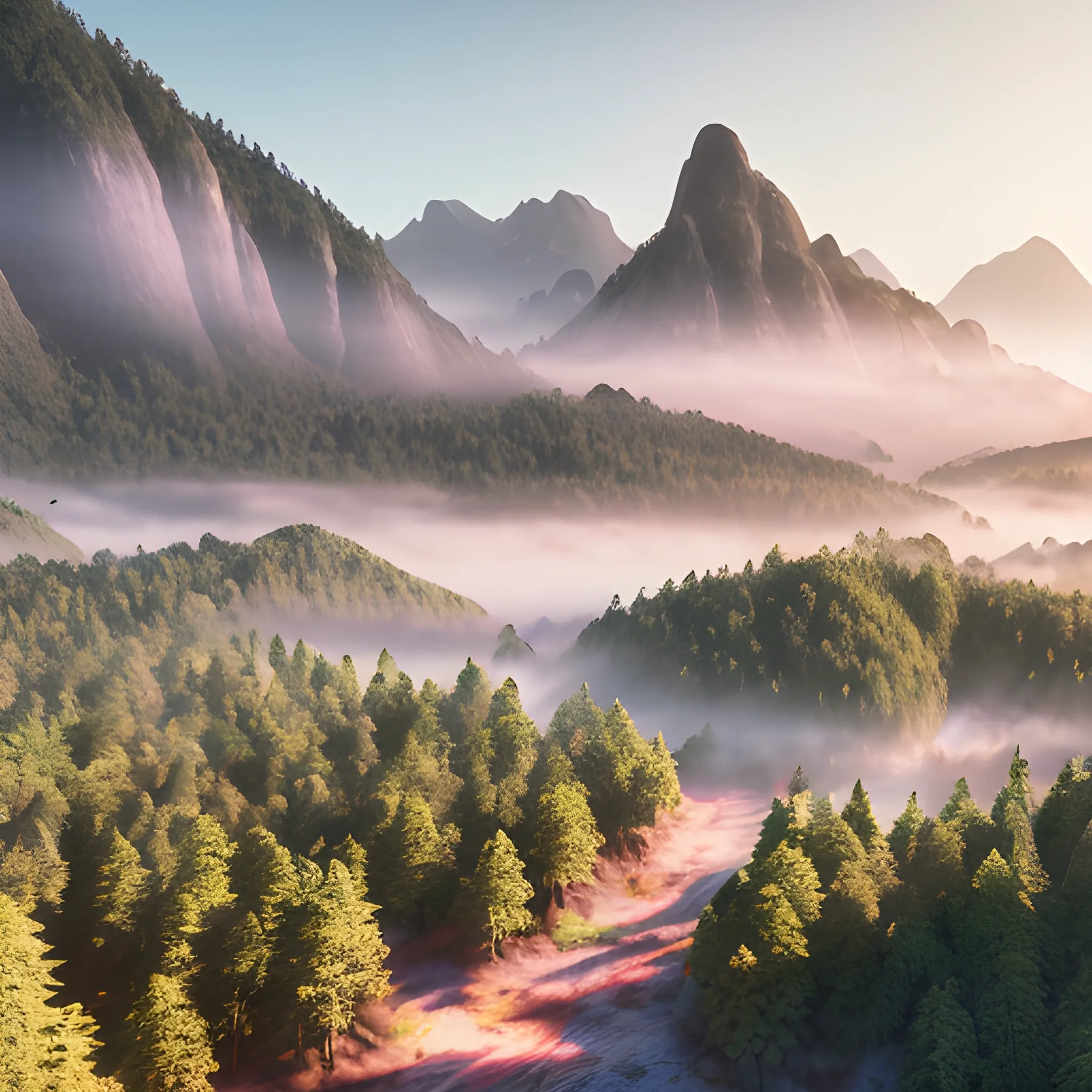 Realistic and beautiful natural landscape, perspective, 4k resolution, ultra-fine, forest, dense vegetation, mountains in the distance, ray-traced global illumination, mist, mysterious colors, dreamy colors, paradise