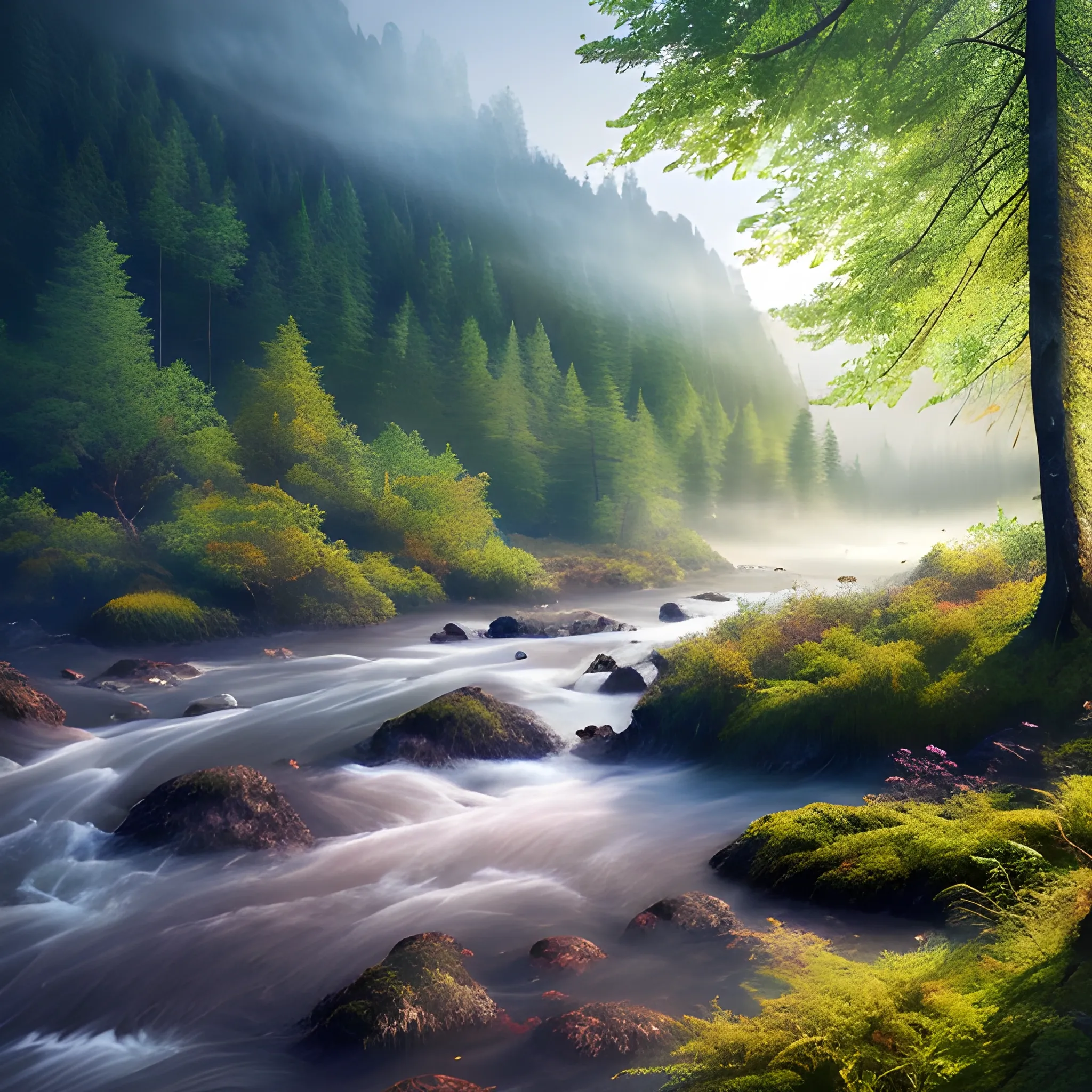 Realistic and beautiful natural landscape, 4k resolution, ultra-fine, forest, dense vegetation, mountains, rivers, sunlight, close-up, mist, mysterious colors, dreamy colors