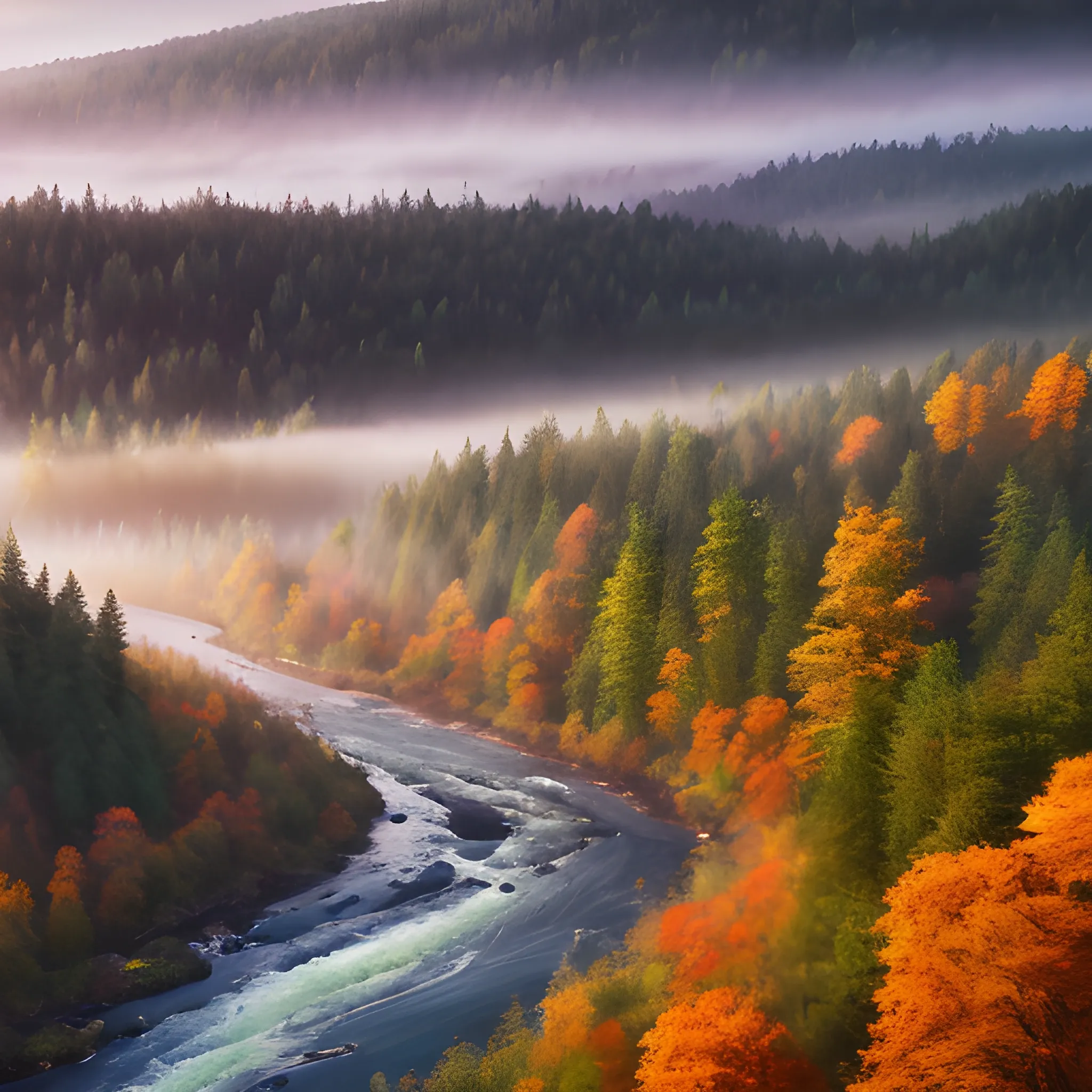 Realistic and beautiful natural landscape, 4k resolution, ultra-fine, forest, dense vegetation, mountains, rivers, sunlight, close-up, mist, wooden houses, curling smoke, mysterious colors, dreamy colors