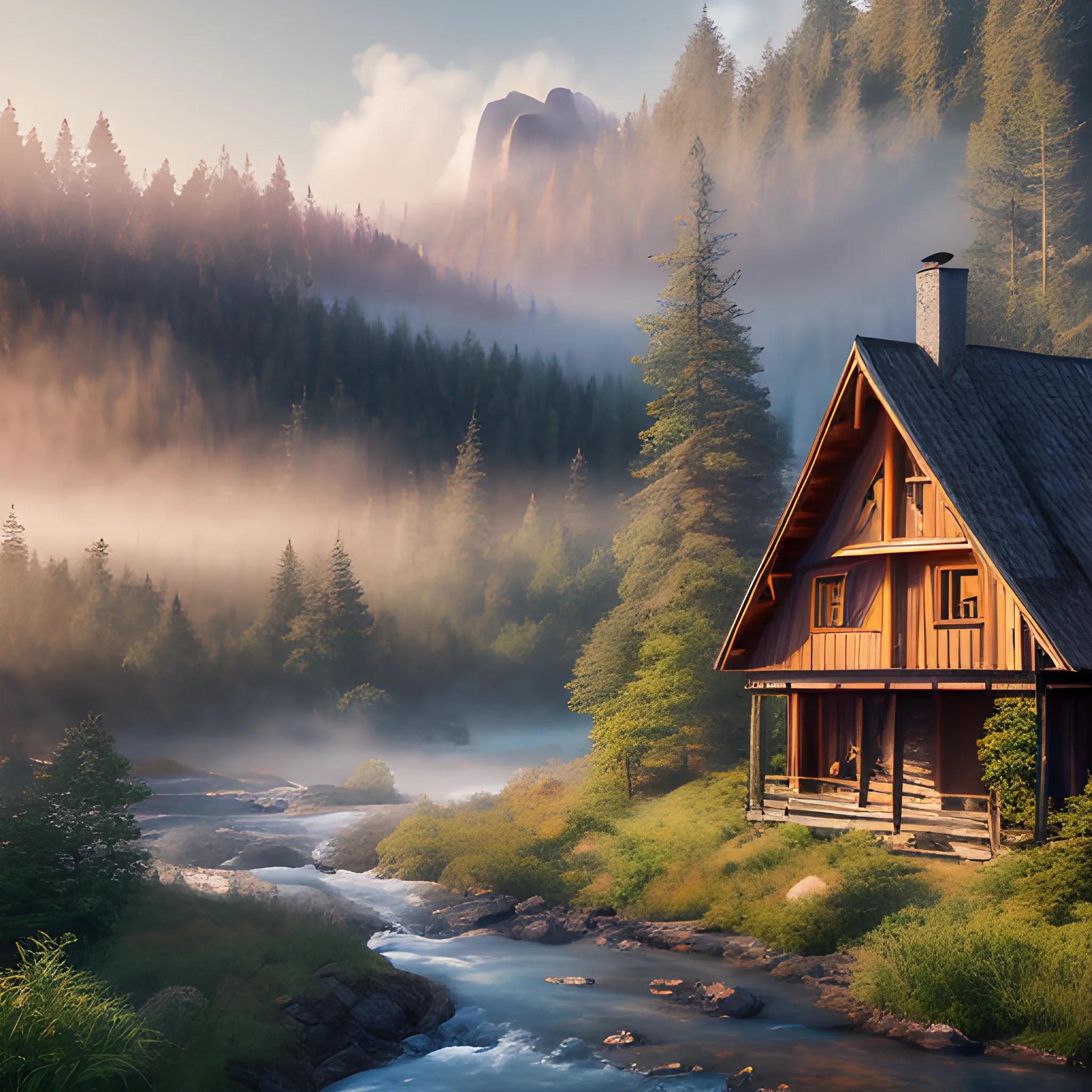 Realistic and beautiful natural landscape, 4k resolution, ultra-fine, forest, dense vegetation, mountains, river, sunlight, close-up, mist, wooden house, chimney smoke, mysterious colors, dreamy colors