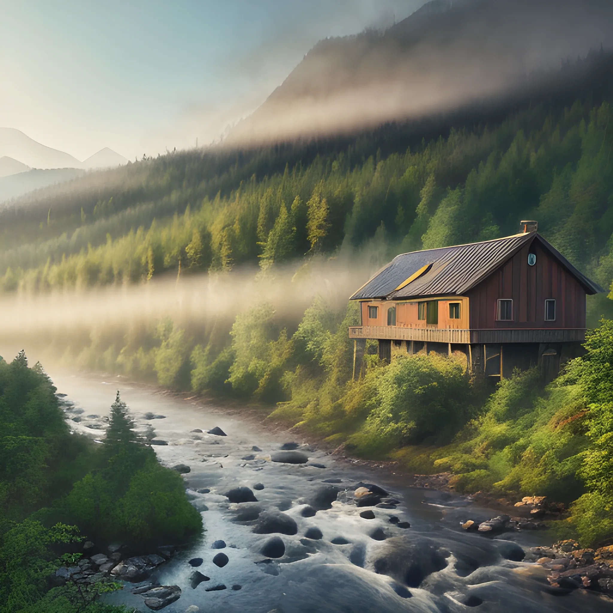 Realistic and beautiful natural landscape, 4k resolution, ultra-fine, forest, dense vegetation, mountains, river, sunlight, close-up, mist, wooden house, chimney smoke, mysterious colors, dreamy colors