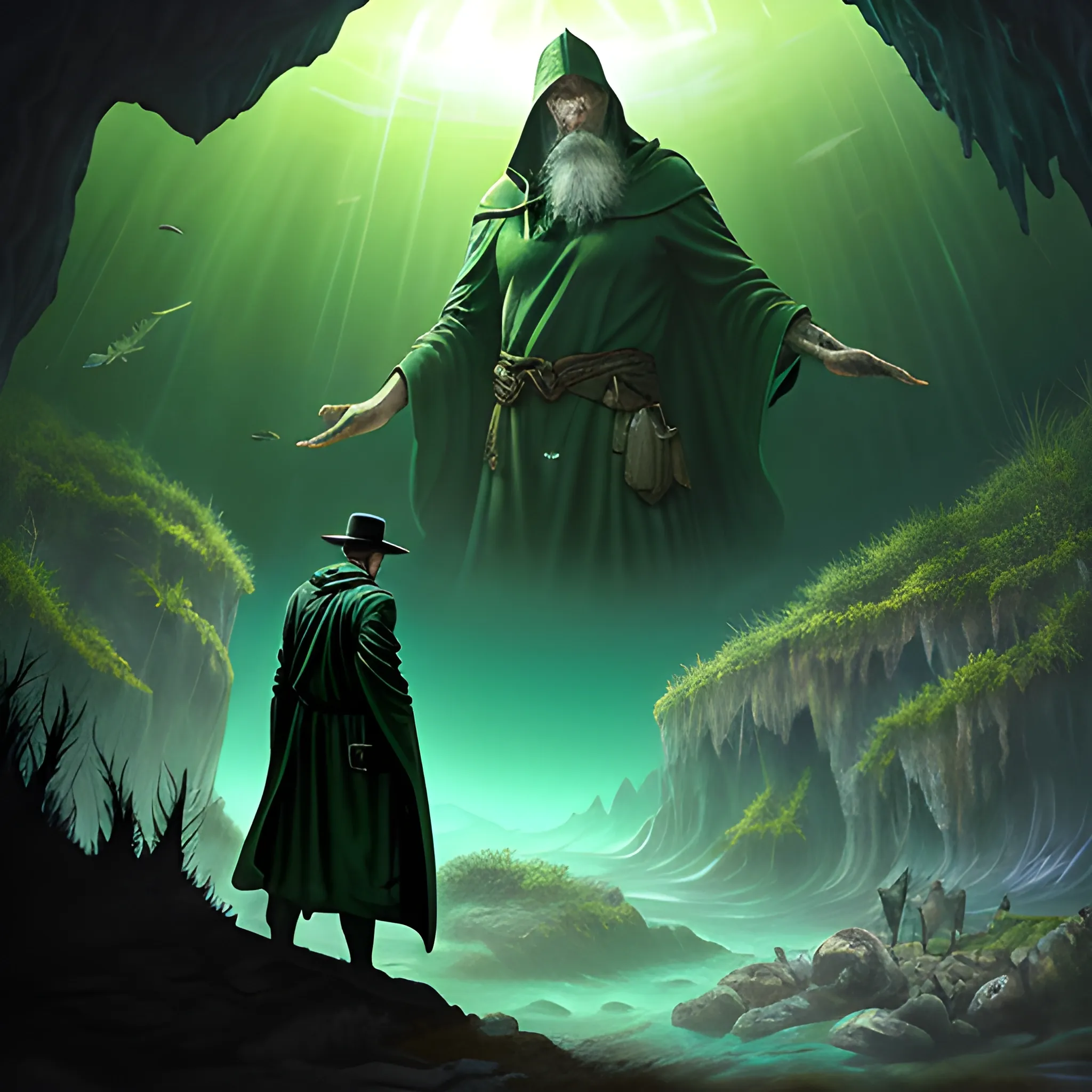 A young farmer man in a rustic clothes finds himself inside an underwater cave, in front of him, there is a priestess in a dark green robe. dark fantasy style. nighttime, blue and black predominant colors, Oil Painting