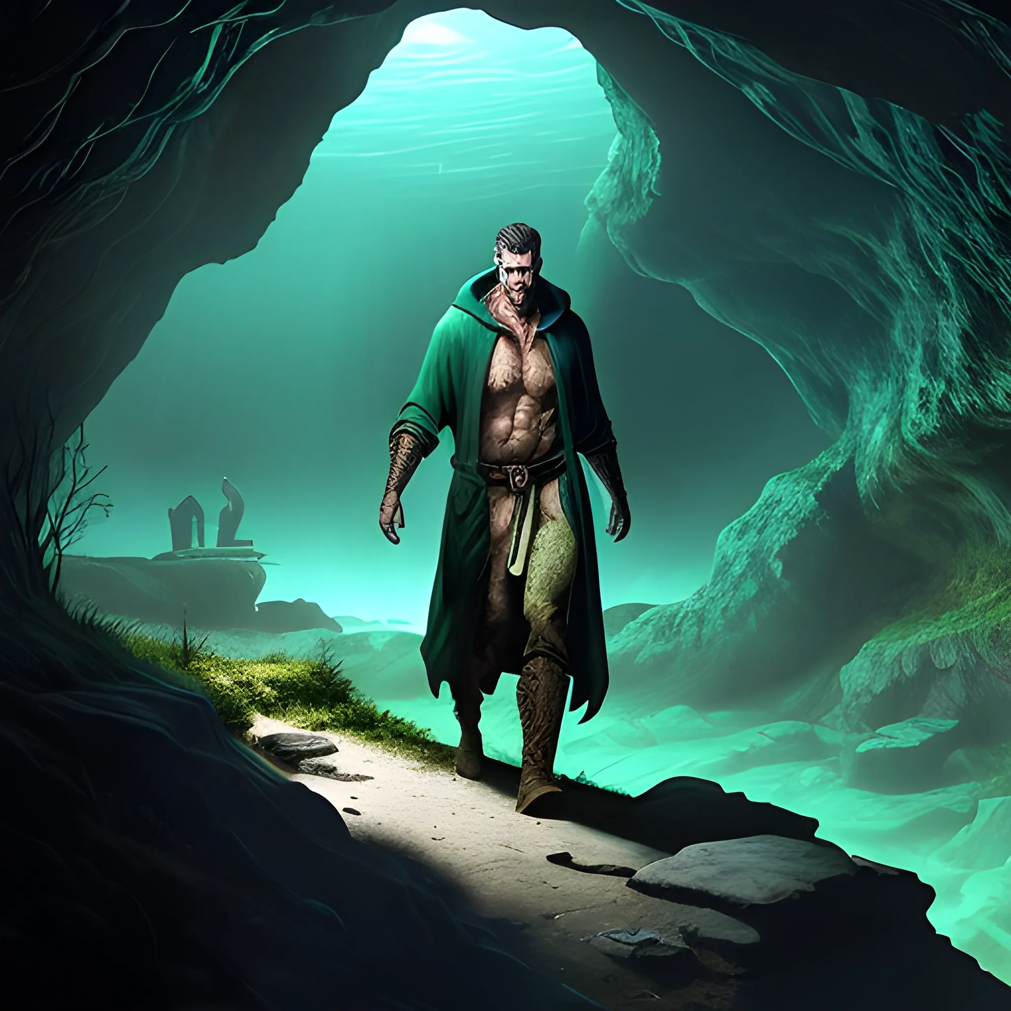 A young farmer man in a rustic clothes finds himself inside an underwater cave, in front of him, there is a priestess in a dark green robe. dark fantasy style. nighttime, blue and black predominant colors, 