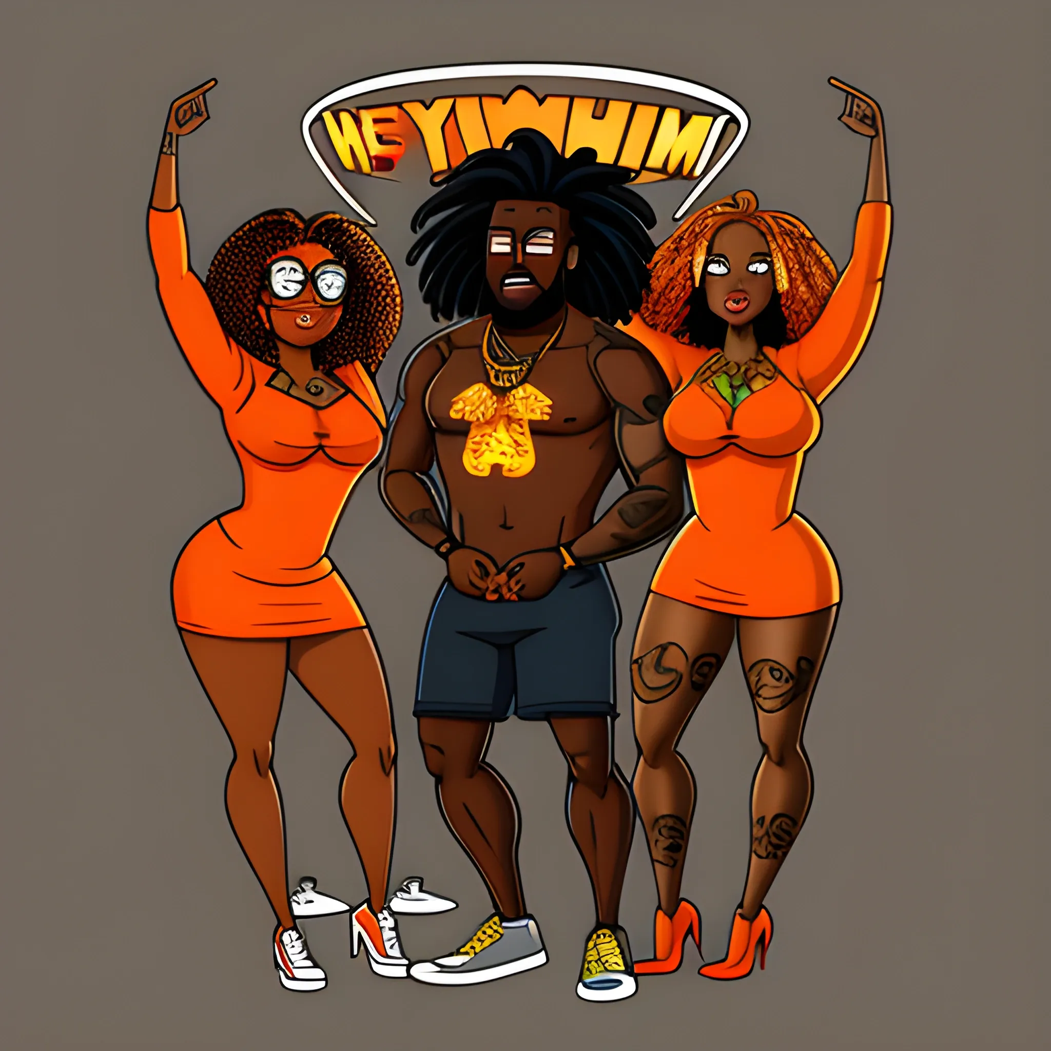 family guy style of   handsome AFRICAN AMERICAN  boy WITH tatttoos LONG DREADLOCKS  in the studio rapping with 6 african american ladies in light orange , illustration 