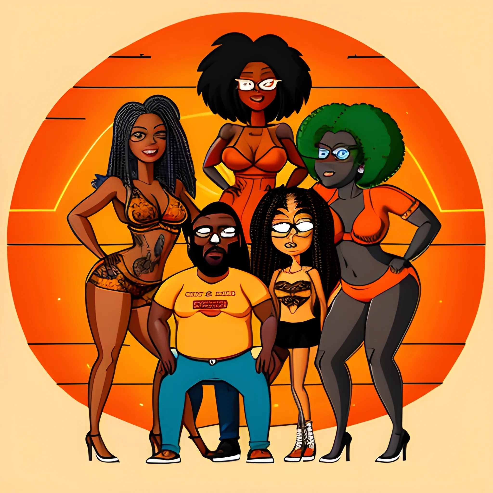 family guy style of   handsome AFRICAN AMERICAN  boy WITH tatttoos LONG DREADLOCKS  in the studio rapping with 6 african american ladies in light orange , illustration , Cartoon