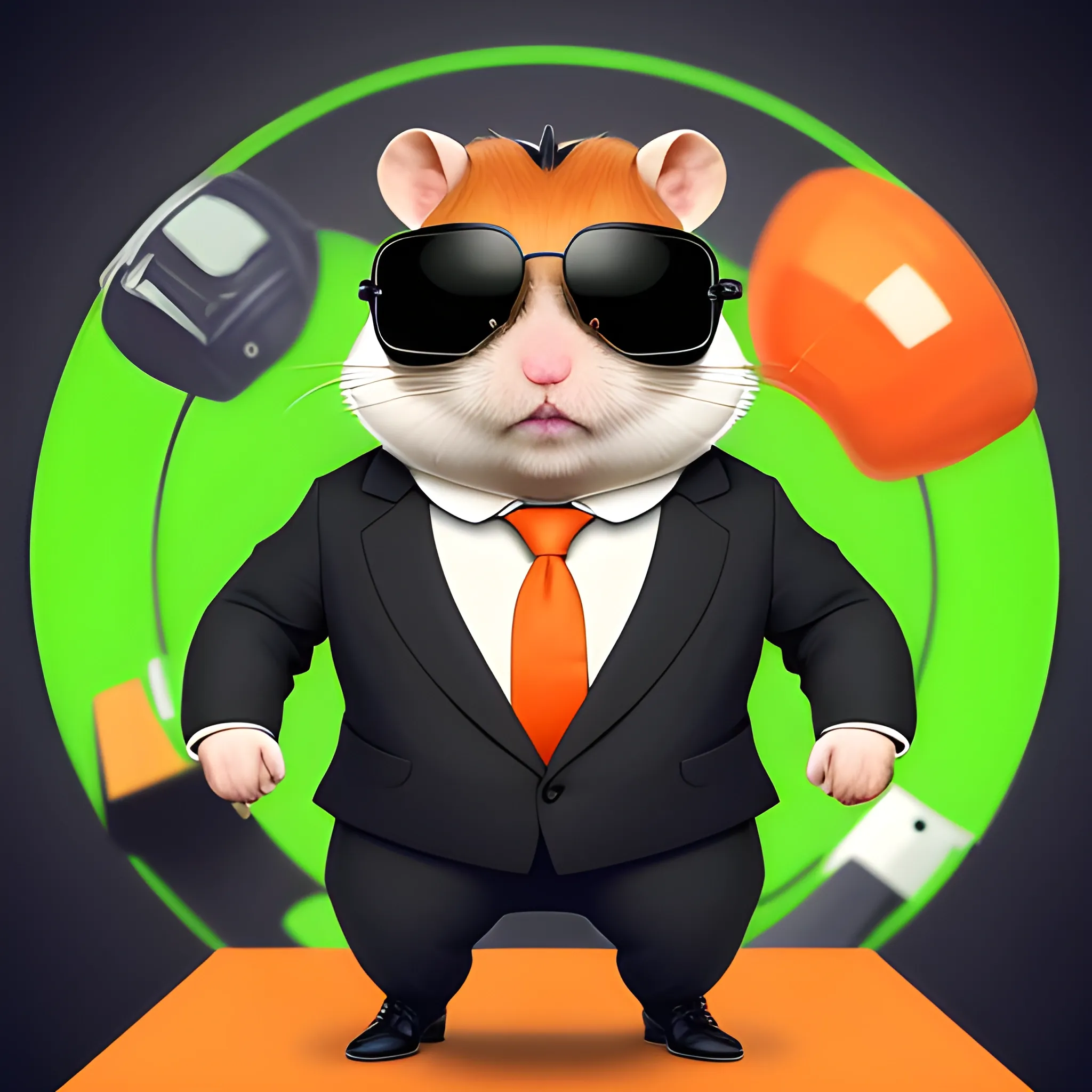 A full-body hamster character with a large head and a slimmer body, wearing a sharp black suit with a green tie and an orange pocket square, aviator sunglasses, and leather boots. The hamster stands confidently with arms crossed, exuding an aura of coolness and authority. The background is a tech-themed background, highlighting the character. Highly detailed, 8k resolution, professional and stylish appearance.