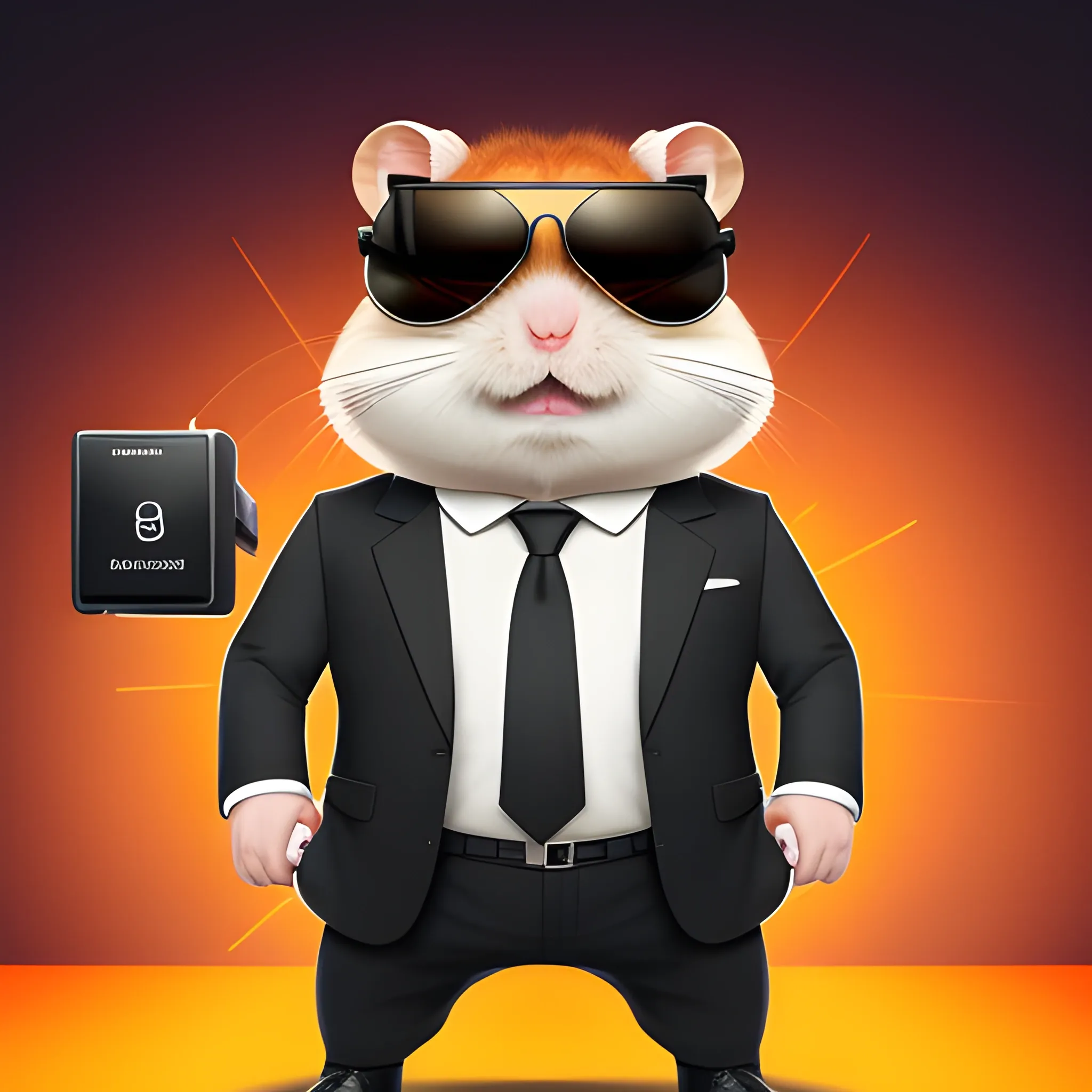 A full-body hamster character with a large head and a slimmer body, wearing a sharp black suit with a green tie and an orange pocket square, aviator sunglasses, and leather boots. The hamster stands confidently with arms crossed, exuding an aura of coolness and authority. The background is a tech-themed background, highlighting the character. Highly detailed, 8k resolution, professional and stylish appearance.