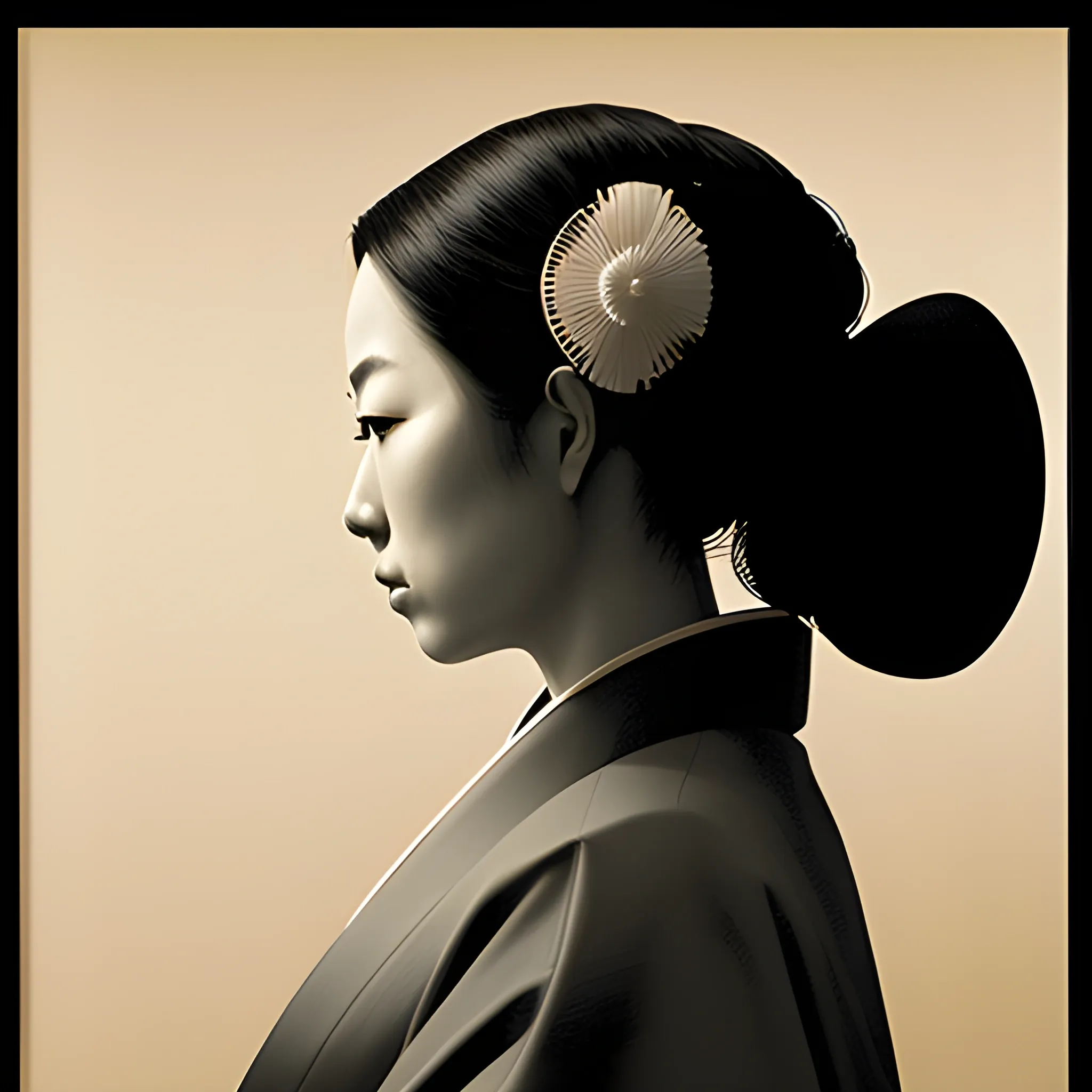 Side view of a woman wearing a kimono in a chiaroscuro style

