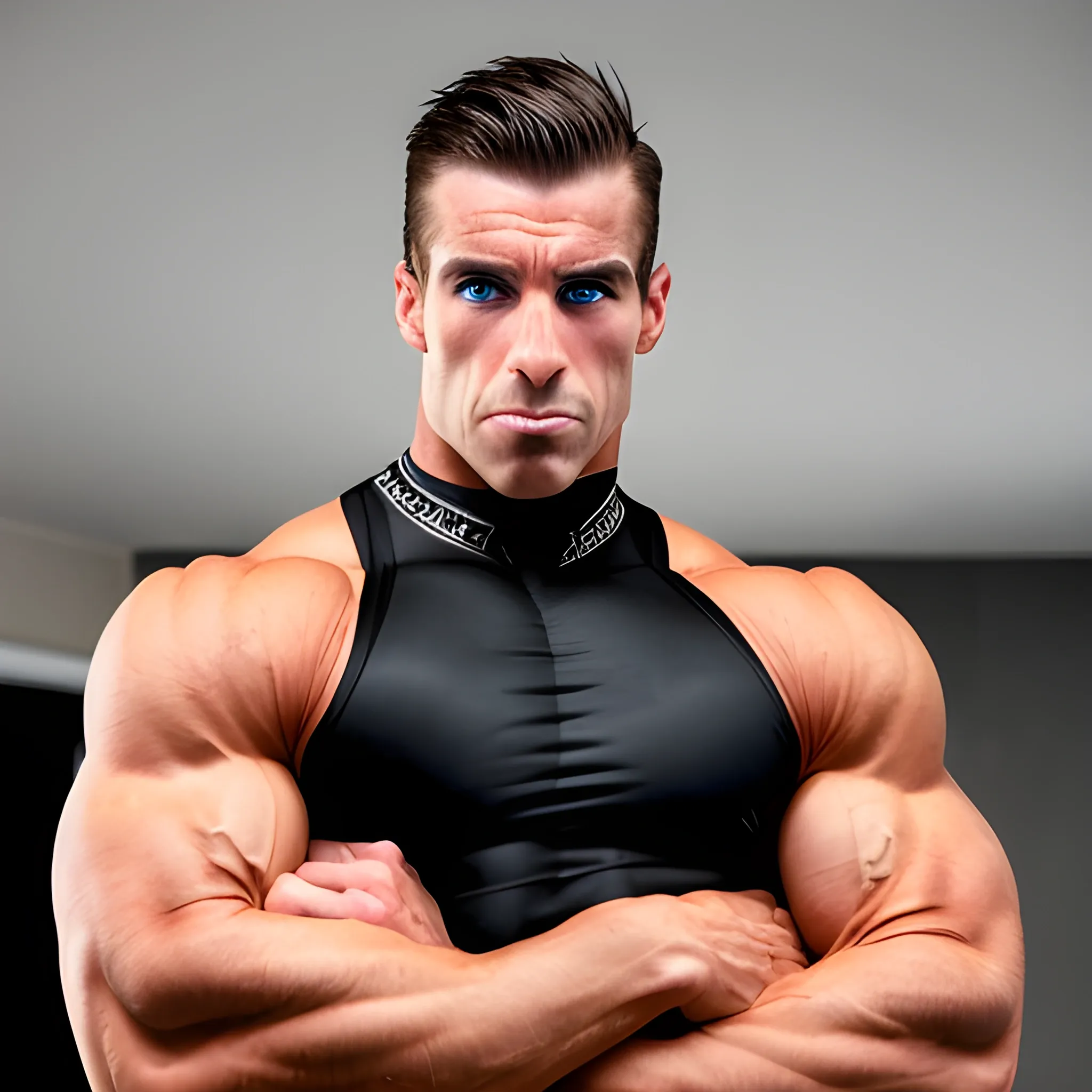 an accomplished male physique competitor, getting photographed, serious expression, black lycra posing strap