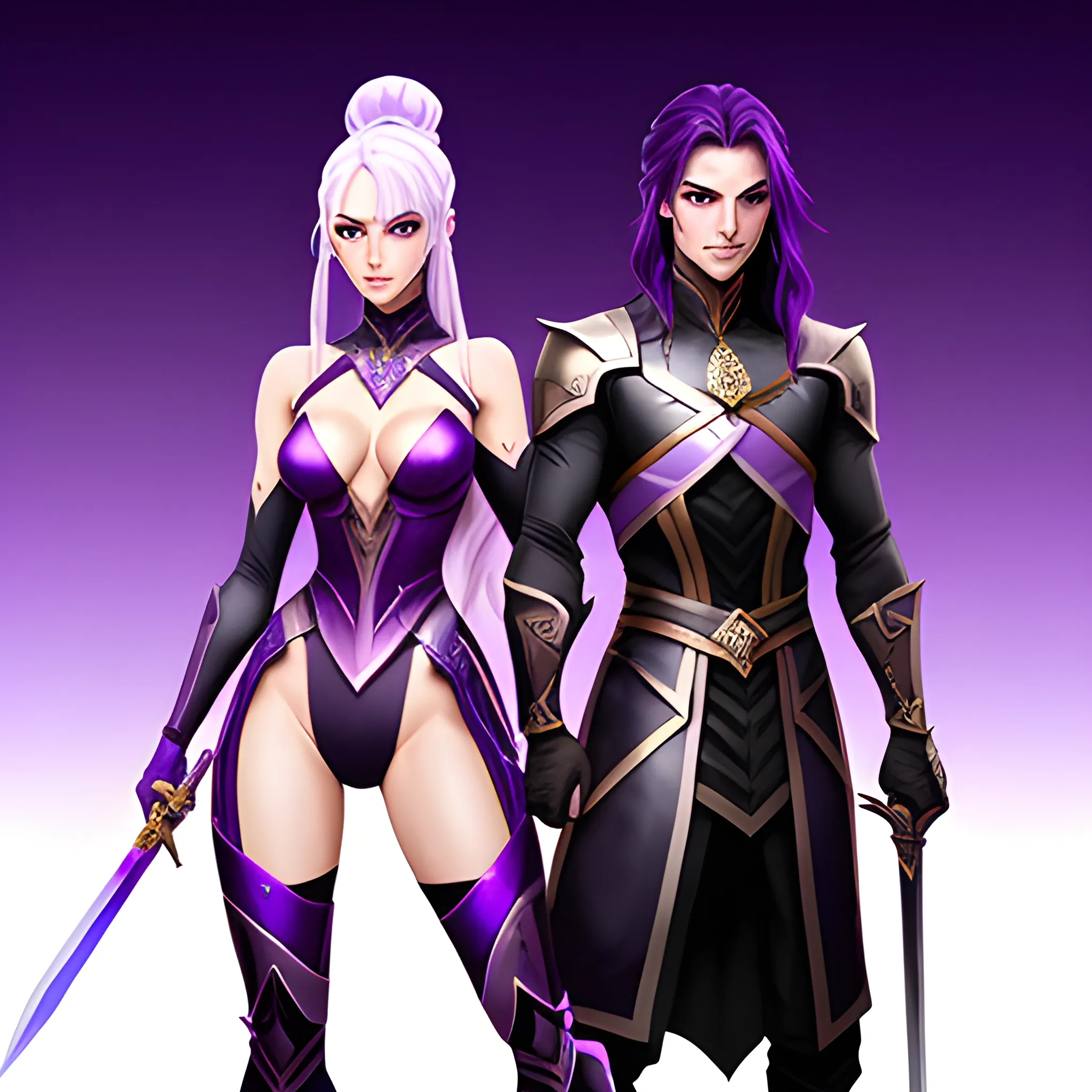 Cryptic Girl with her partner, holding swords and standing next to a sword, in the style of Purple and white gradient double ponytail long hair, Purple Eyes, There is a half moon behind, dark white and light amber, Concept art style, Extremely complex details, Clear distinction between light and dark, 2d, fantasy 