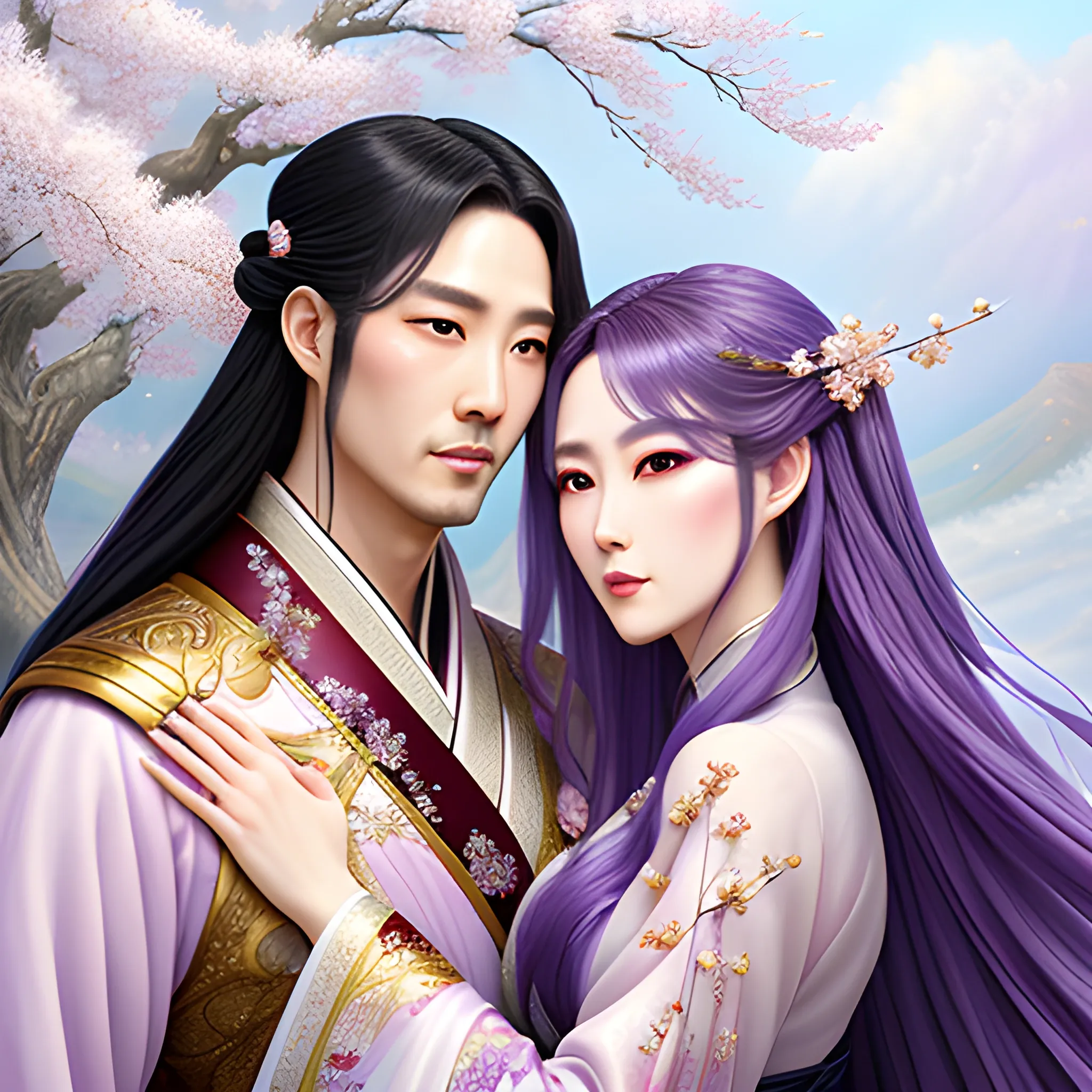 (masterpiece: 1.2)), Couple up with Cryptic Girl, ((2Cryptic Girl)), Purple white Gradient long hair, highest detailed image, ((detailed eyes)), ((light particles)), hanfu, jewelry, cherry blossom, cherry blossoms, archery bow and lunar mist, floating amidst cloud wisps, digital painting, highly detailed, vibrant colors.