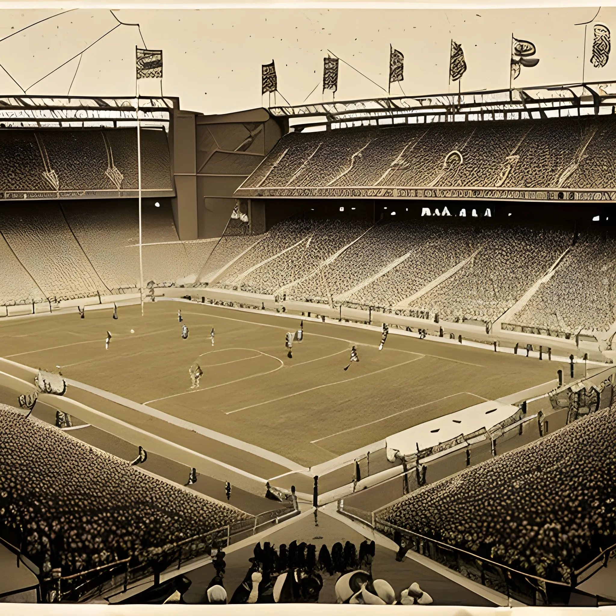 A nostalgic sepia-toned photograph of the Known as "RAMS PARK STADIUM" home to GALATASARAY, during its golden age. The stadium is filled with spectators, their faces etched with fond memories of past matches and celebrated victories.
