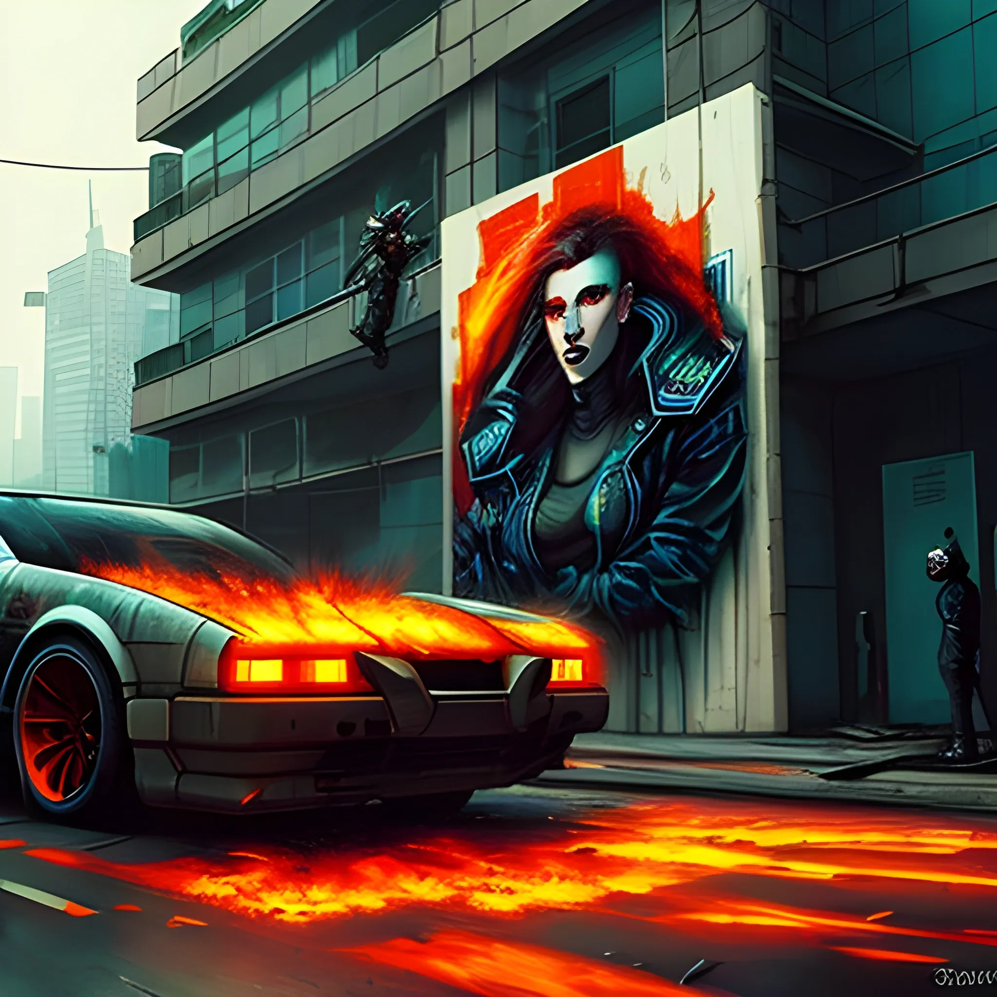 cyberpunk , a wall with a painting on it. the painting is a burning car