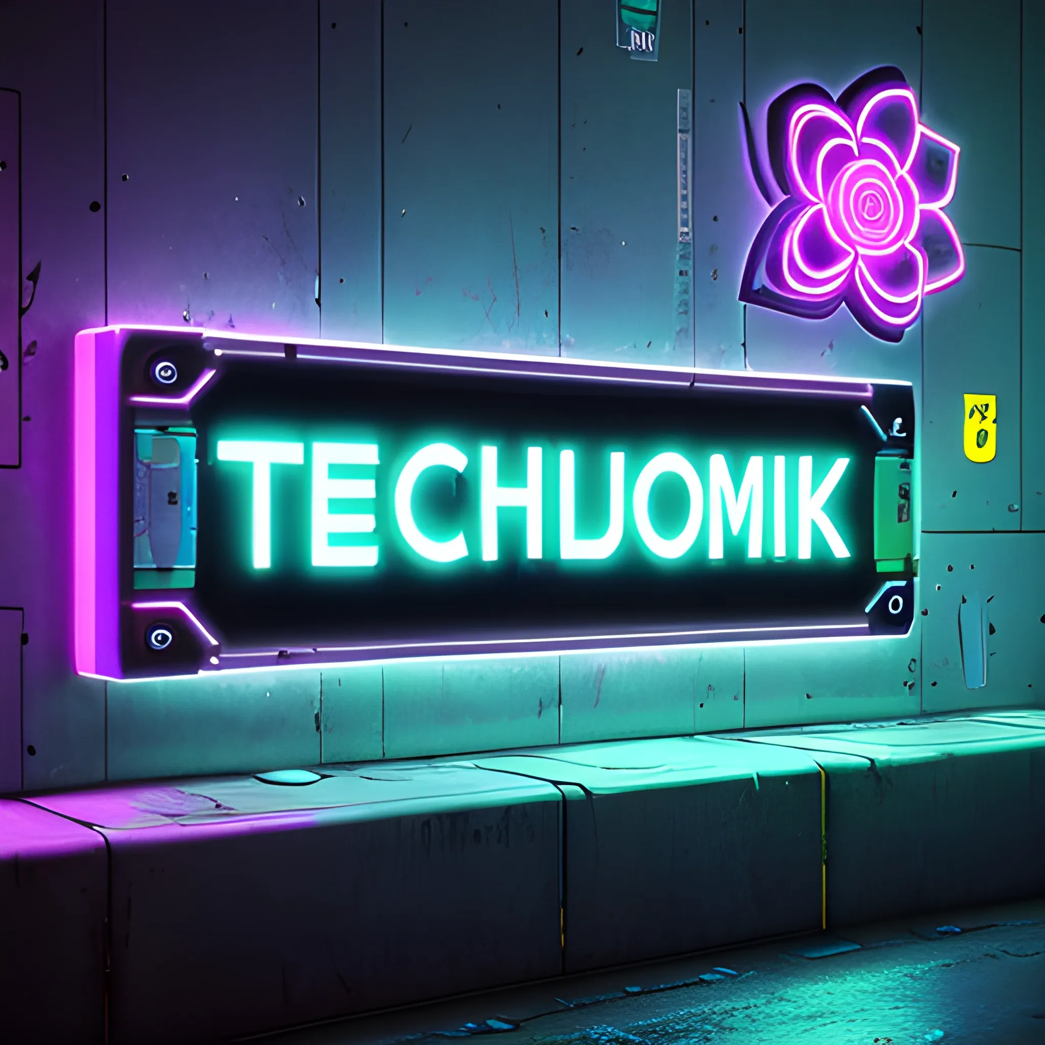 cyberpunk , wall with a sign, on the sign is a technologic flower