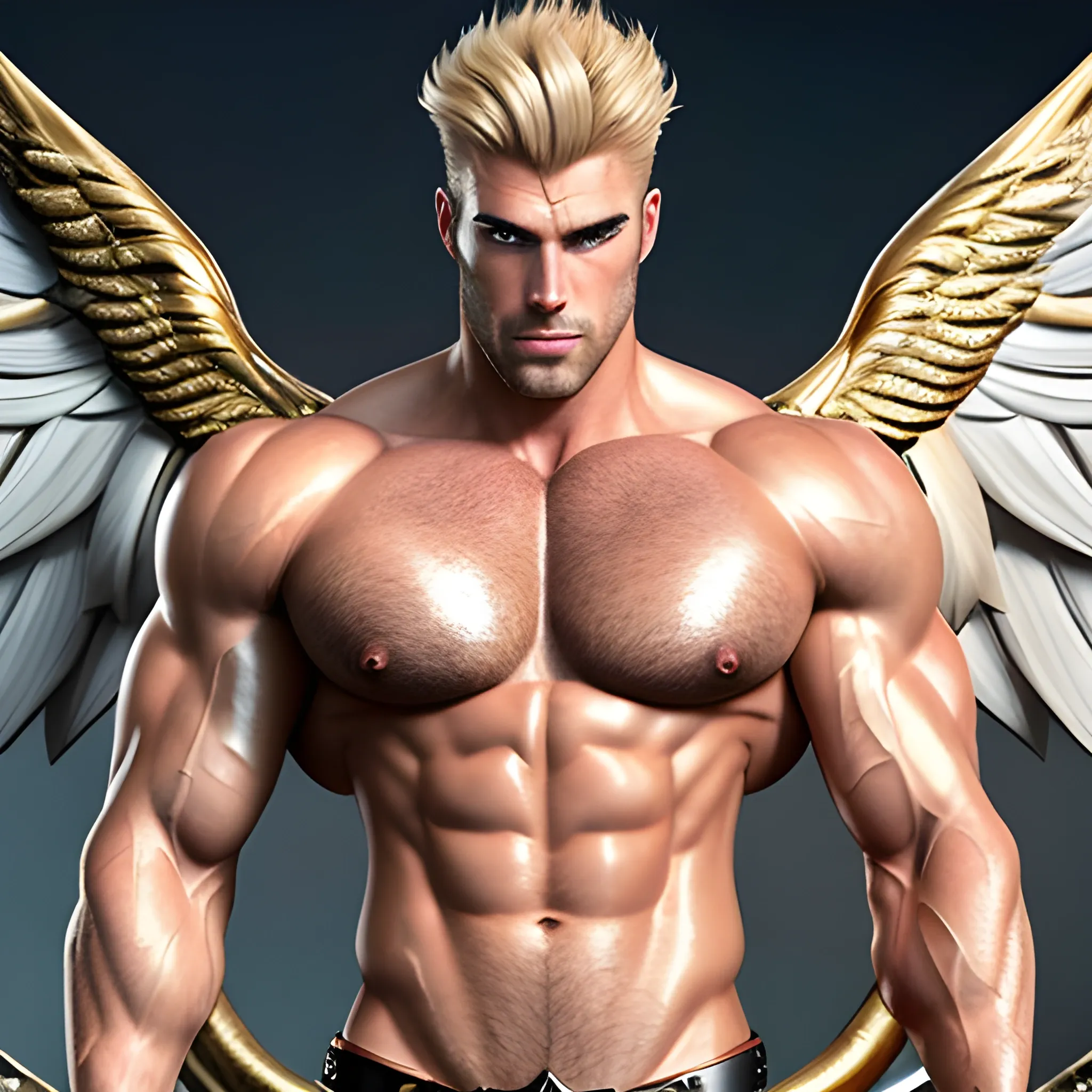 2 muscular blond Dude's with expansive Wings,Studio
 lightning,high hyperdetails,big package,handsome,beauty,muscle,standing firmly,german, tanned skin,long curly hair,,colorfull small leather tanga with gold details,same facial halves, bulge ,happy,whole body with legs,big bulge,dark piercing eyes,huge bulge,hairy,fine details, young,two identical symmetrical eyes,same colofull eyes, stubble ,blond,very long hair cascading over a hairy Chest,reminiscent of an Angel, hyperrealistic,more realistic bulge, Oil PaintingDigital artwork featuring a 22-year-old male in a commanding stance, 

neo-punk fashion fused with Roman gladiator garb, 

blond hair streaking through, 

clothing textures hinting at covert operations, 

engulfed by a chasmal backdrop, 

high-contrast illumination casting sharp shadows, 

ultra-fine details, 

cinematic lighting.add background sunset, kissing holding close