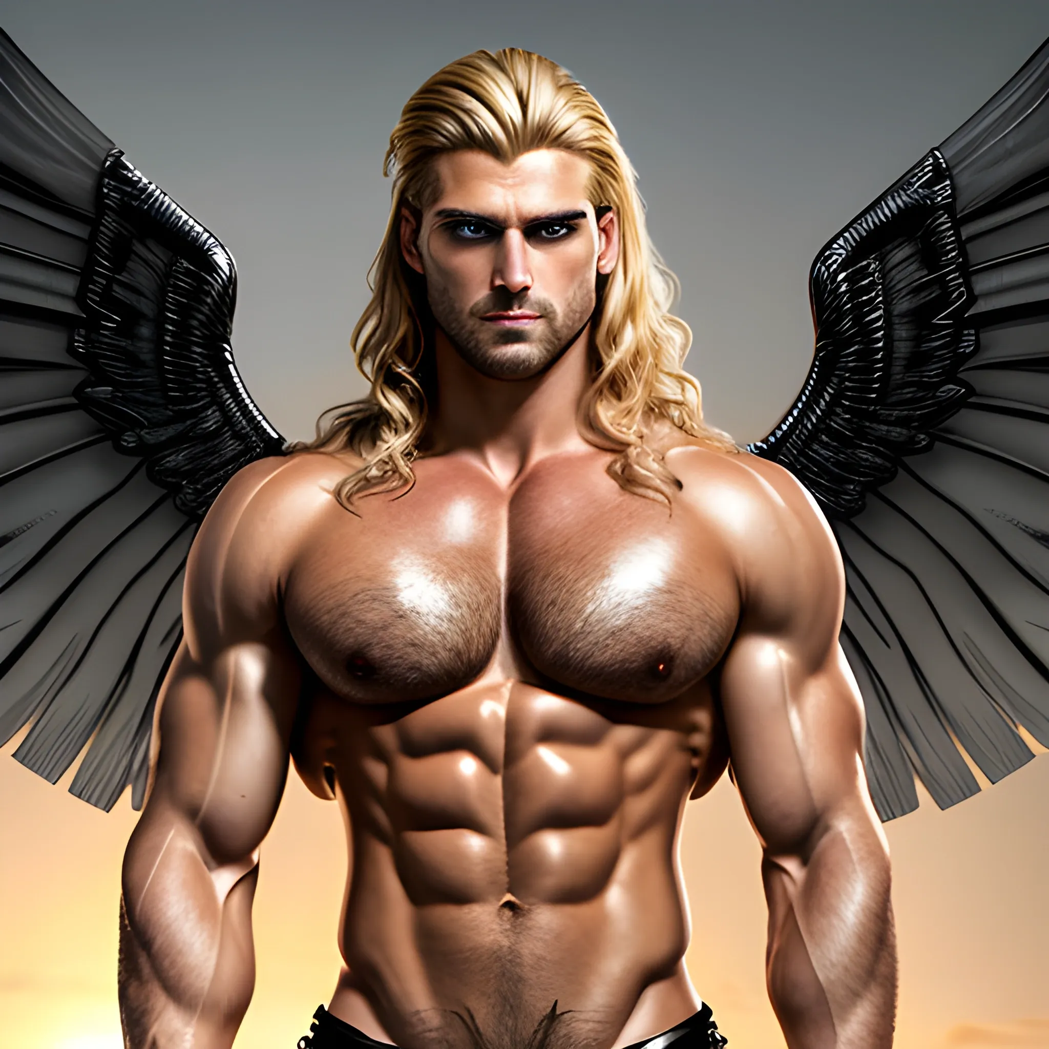 muscular blond Dude with expansive Wings,Studio
 lightning,high hyperdetails,handsome,beauty,muscle,standing firmly,german, tanned skin,long curly hair,,colorfull small leather tanga with gold details,same facial halves, bulge ,happy,whole body with legs,big bulge,dark piercing eyes,huge bulge,hairy,fine details, young,two identical symmetrical eyes,same colofull eyes, stubble ,blond,very long hair cascading over a hairy Chest,reminiscent of an Angel, hyperrealistic,more realistic bulge, Oil PaintingDigital artwork featuring a 22-year-old male in a commanding stance, 

neo-punk fashion fused with Roman gladiator garb, 

blond hair streaking through, 

clothing textures hinting at covert operations, 

engulfed by a chasmal backdrop, 

high-contrast illumination casting sharp shadows, 

ultra-fine details, 

cinematic lighting.add background sunset