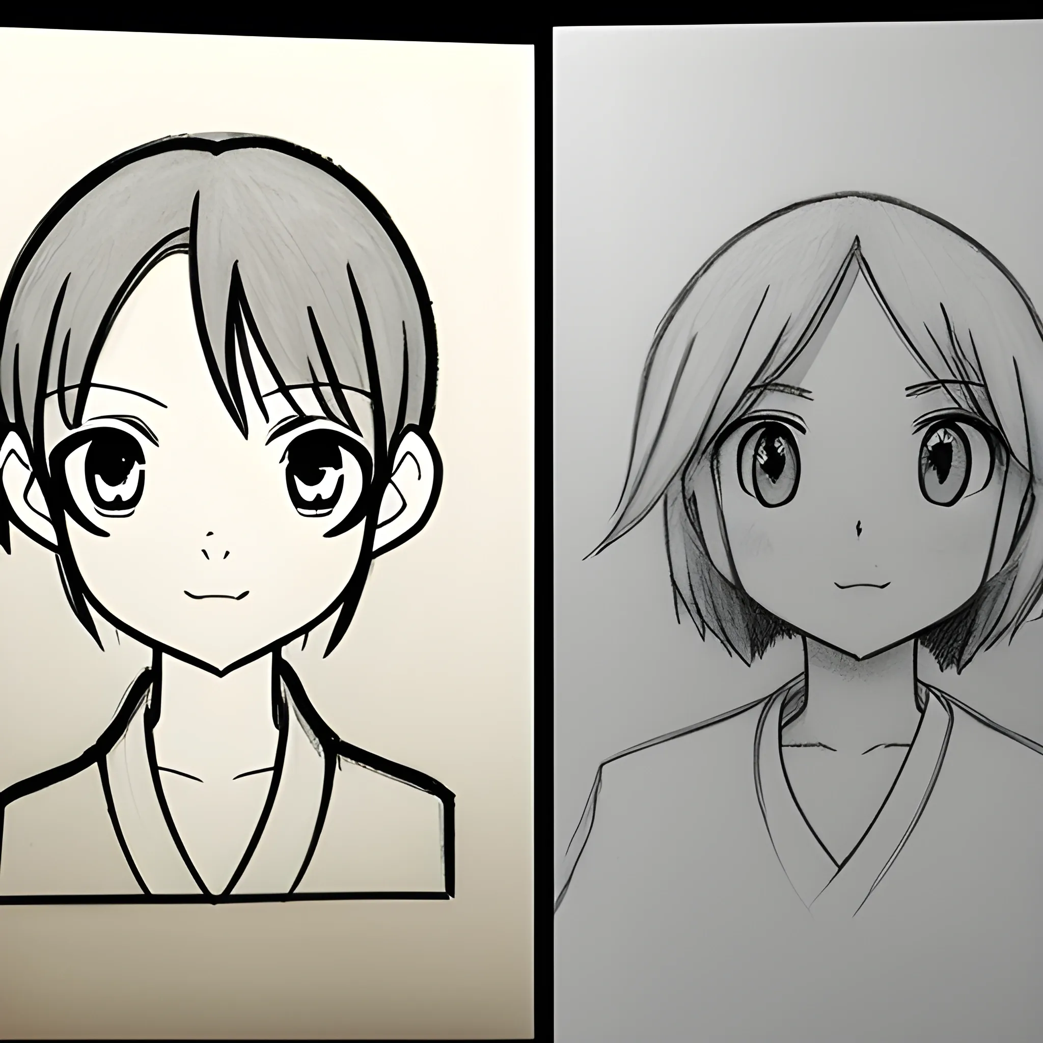 Two drawings, same drawings, Japanese animation style, drawing process, left: unfinished drawing, left eye is too big, right: drawing drawn from the left.