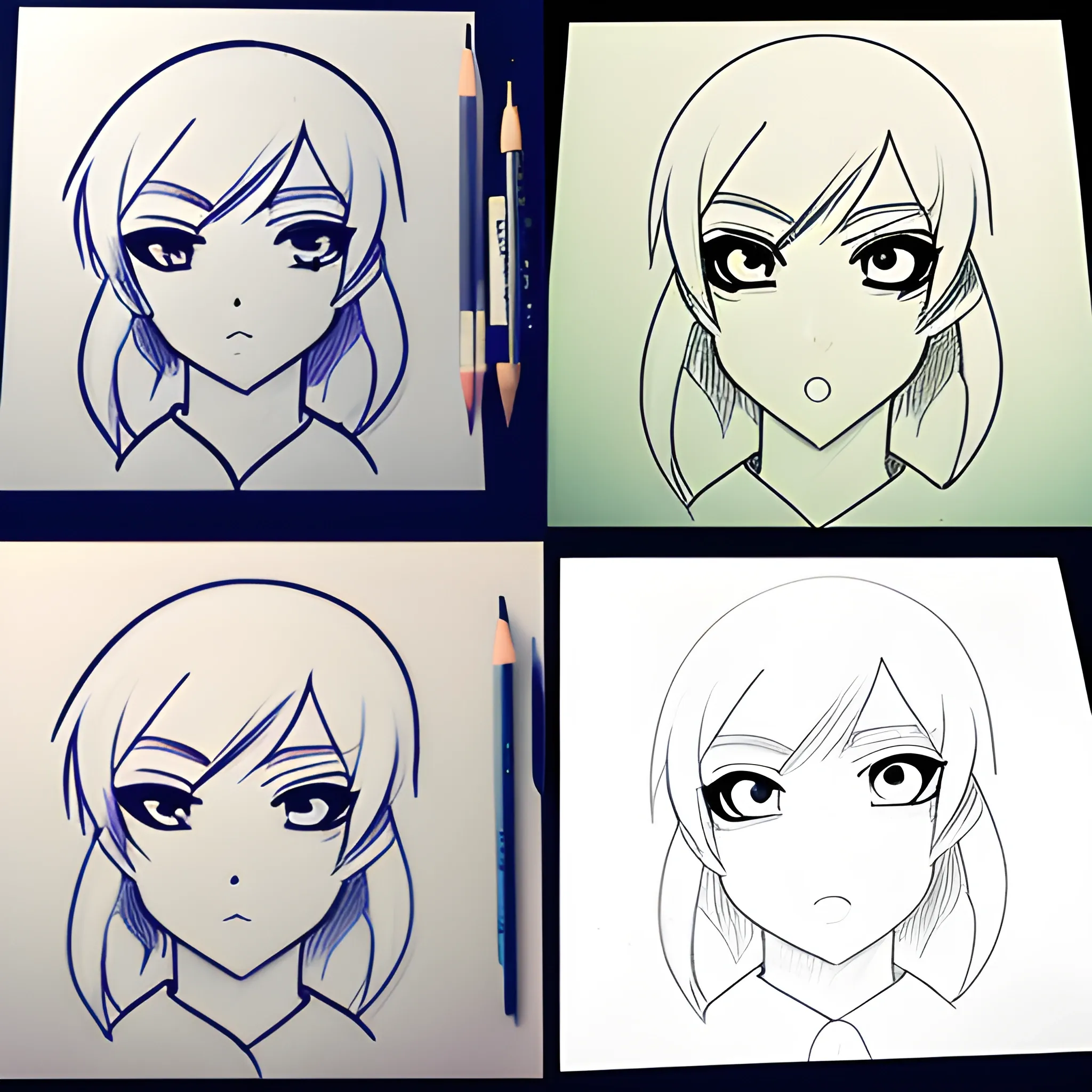 Two drawings, same drawings, Japanese animation style, drawing process, left: unfinished-drawing, left: small-left-eye, left:unsymetric-eyes, right: drawing-drawn-from-the-left.