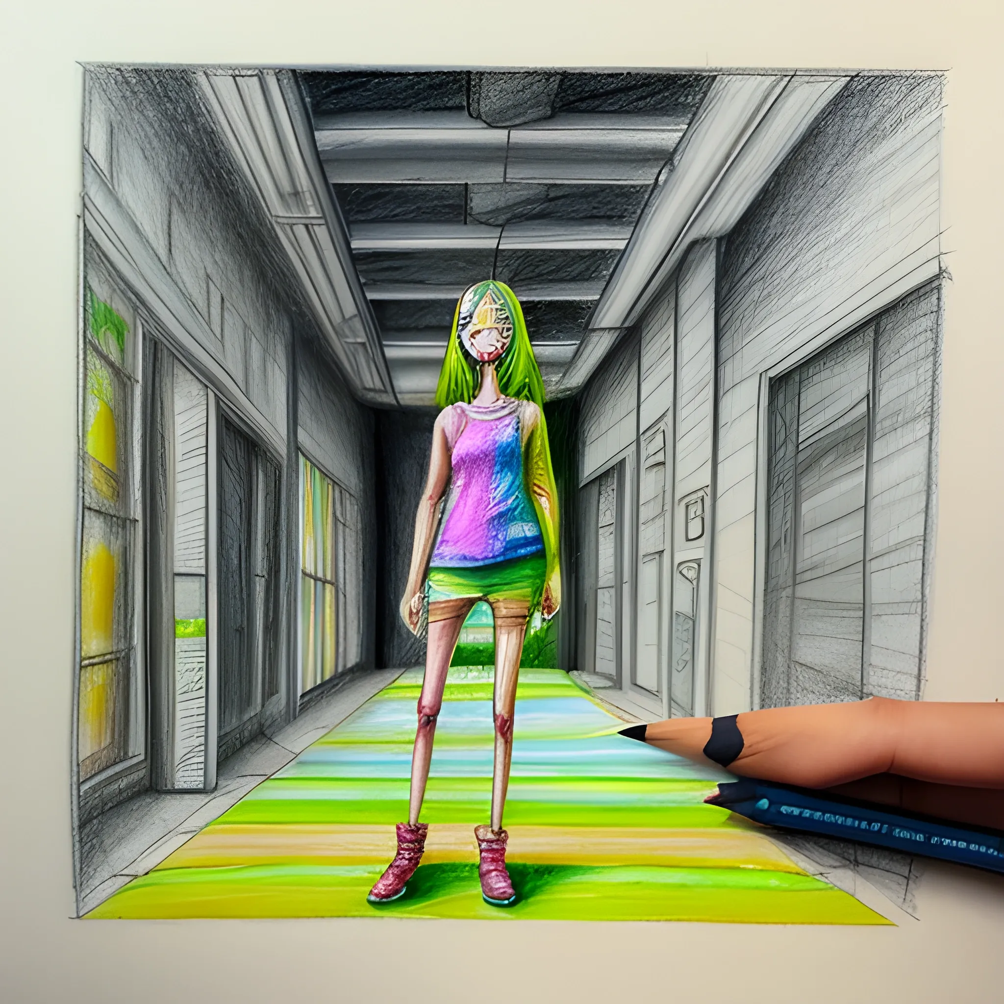 Full body drawing, drawing with incorrect vanishing point., Trippy, Pencil Sketch, Water Color, Oil Painting, 3D, Cartoon, Cartoon, Water Color, 3D, Pencil Sketch, Trippy, Oil Painting