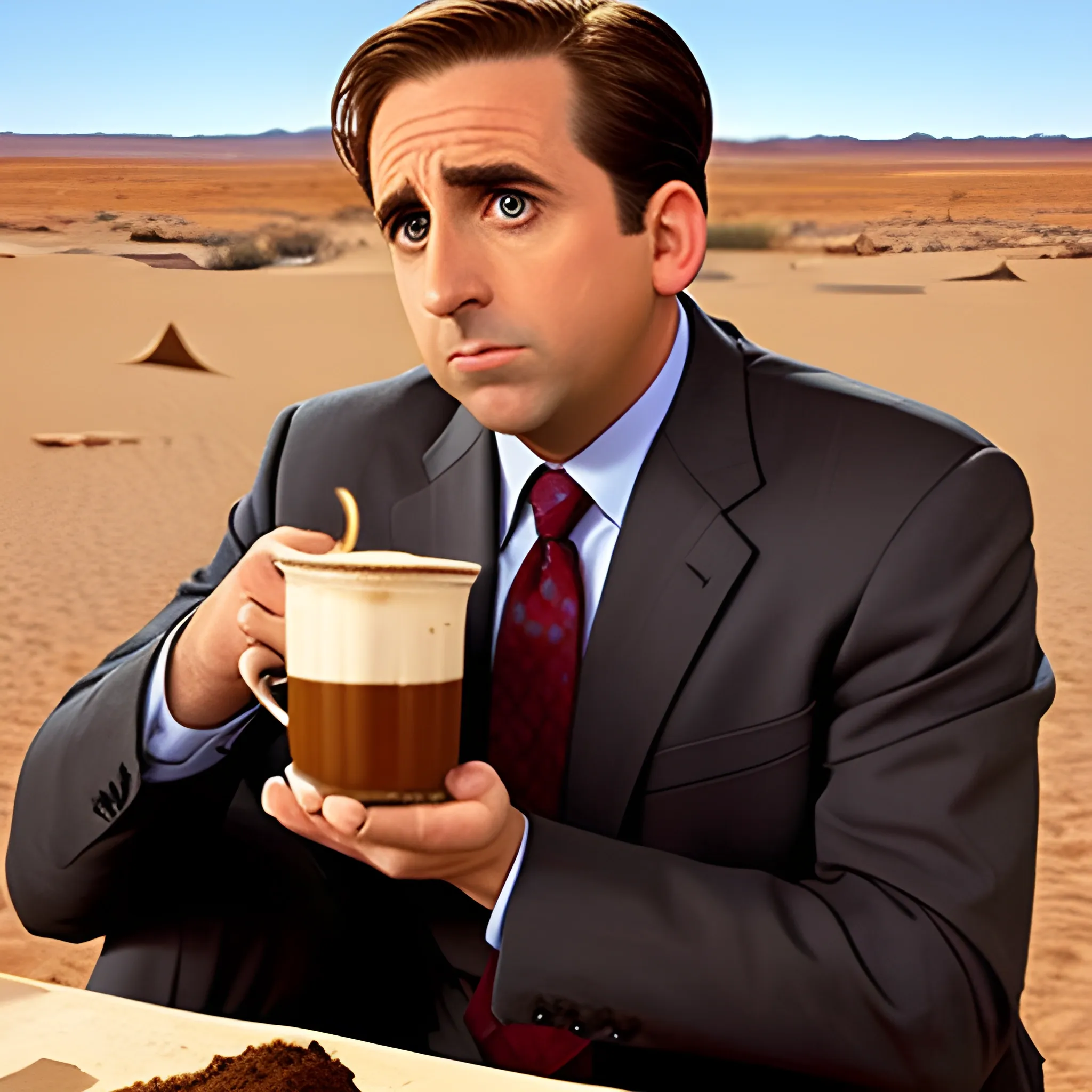 michael scott de The office, solo en el desierto tomando cafe
