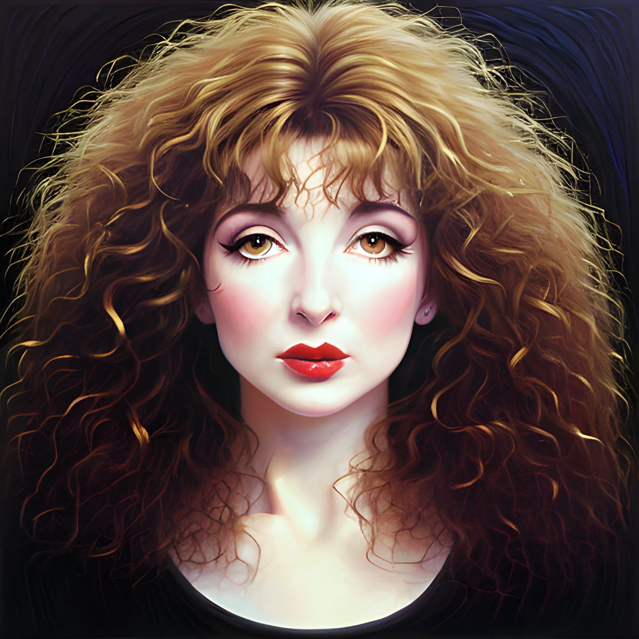 Kate Bush, pale skin, big hair, wide hazel eyes, pouting slim lips, visible brush strokes, Oil Painting