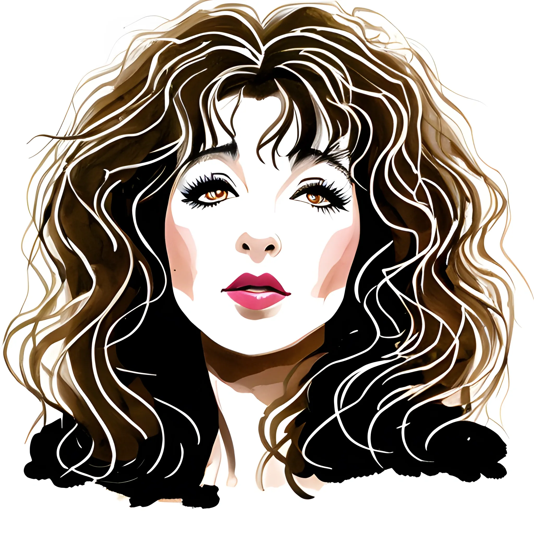 A quick brush drawing of Kate Bush, pale skin, big hair, wide hazel eyes, pouting slim lips, visible brush strokes, doodle