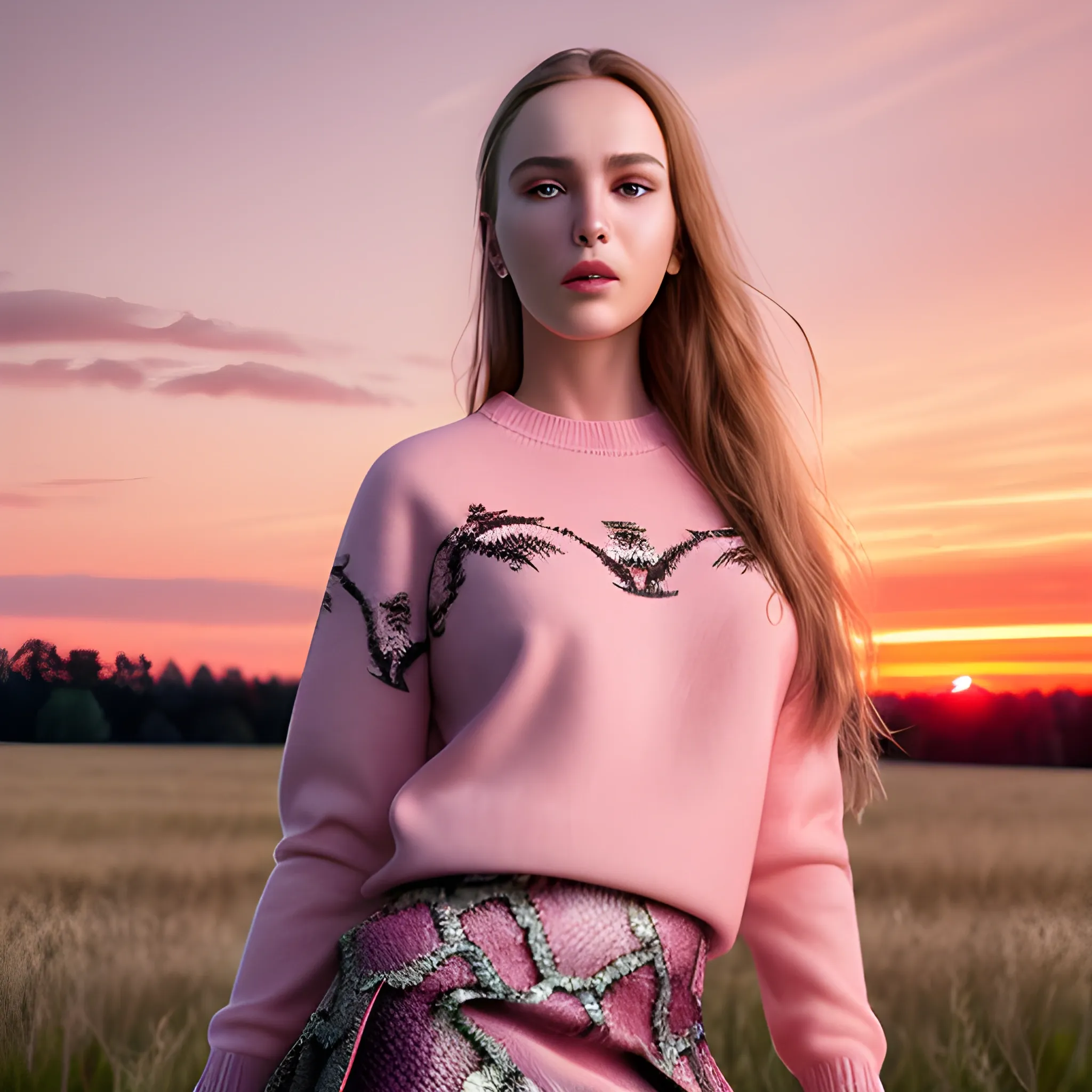 photo of S343_JanaMiartusova,a stunning woman,on a (field),wearing a (pink-sweater:1.1),(snakeskin-skirt),(sunset),(4k, RAW photo, best quality, depth of field, ultra high res:1.1),(absurdres, intricate, photorealistic, masterpiece, ultra-detailed:1.1),