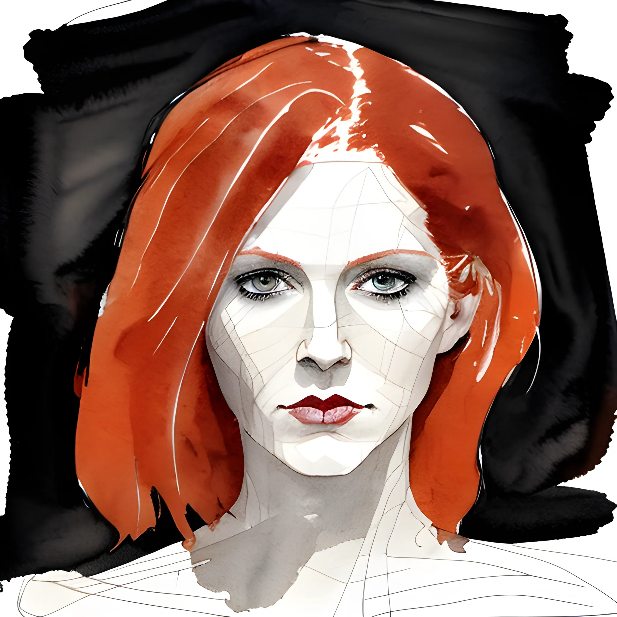 A rough ink sketch of a 45 year old red-haired woman, pale skin, dark sensual eyes, stern and unsmiling, slim thin lips, black leather, semi-abstract art, Water Color