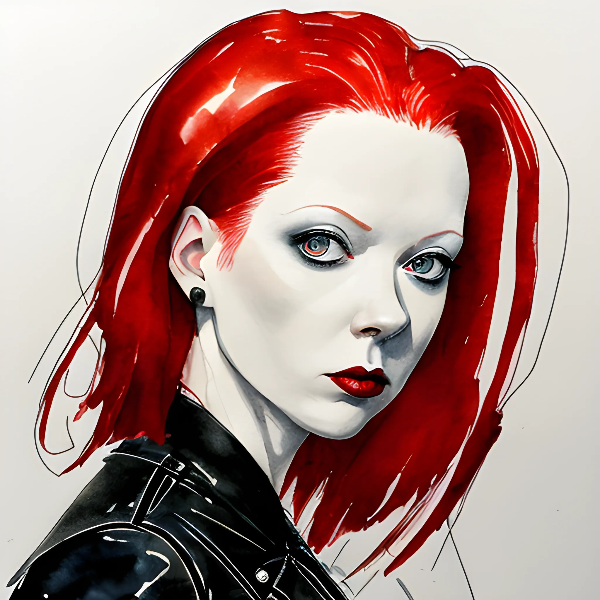 A rough ink sketch portrait of 25 year old red-haired Shirley Manson, pale skin, very dark sensual eyes, stern and unsmiling, slim thin lips, black leather bike jacket, semi-abstract art, Water Color