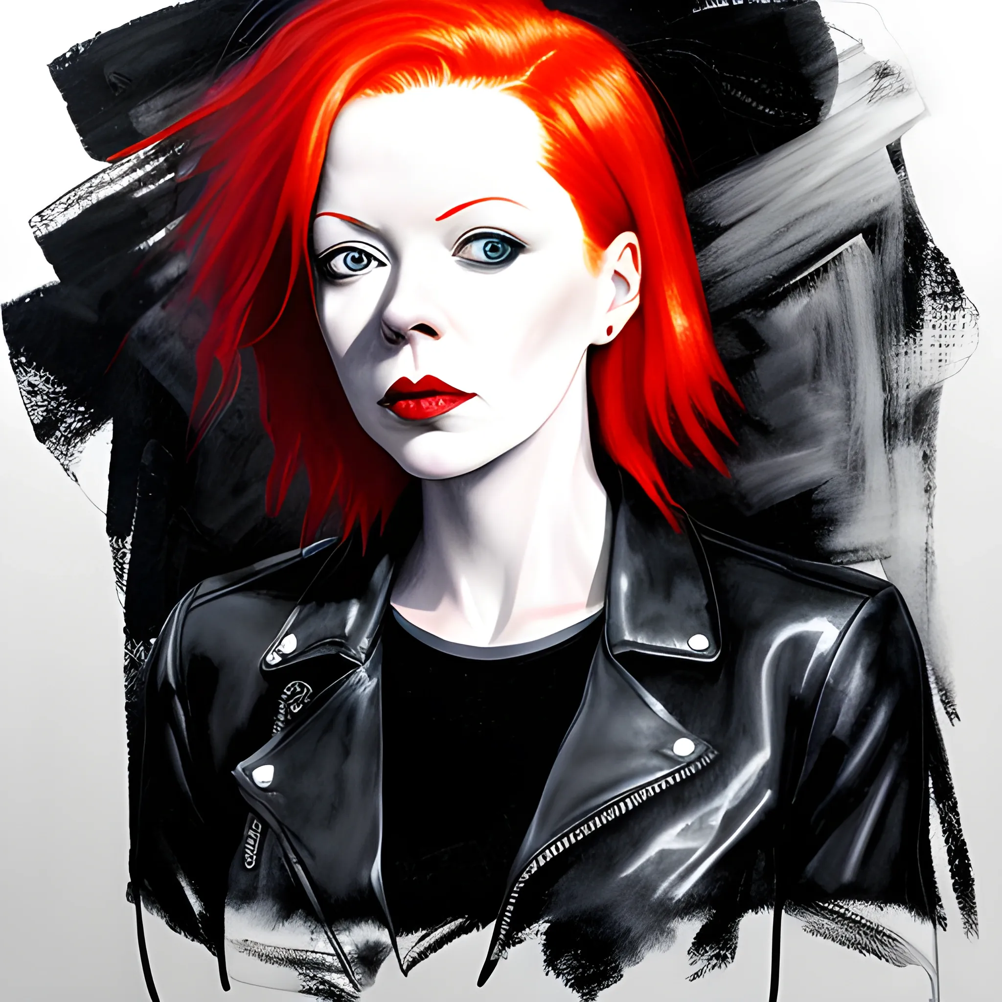 A rough ink sketch portrait of 25 year old red-haired Shirley Manson, pale skin, very dark sensual eyes, stern and unsmiling, slim thin lips, black leather bike jacket, semi-abstract art, Oil Painting