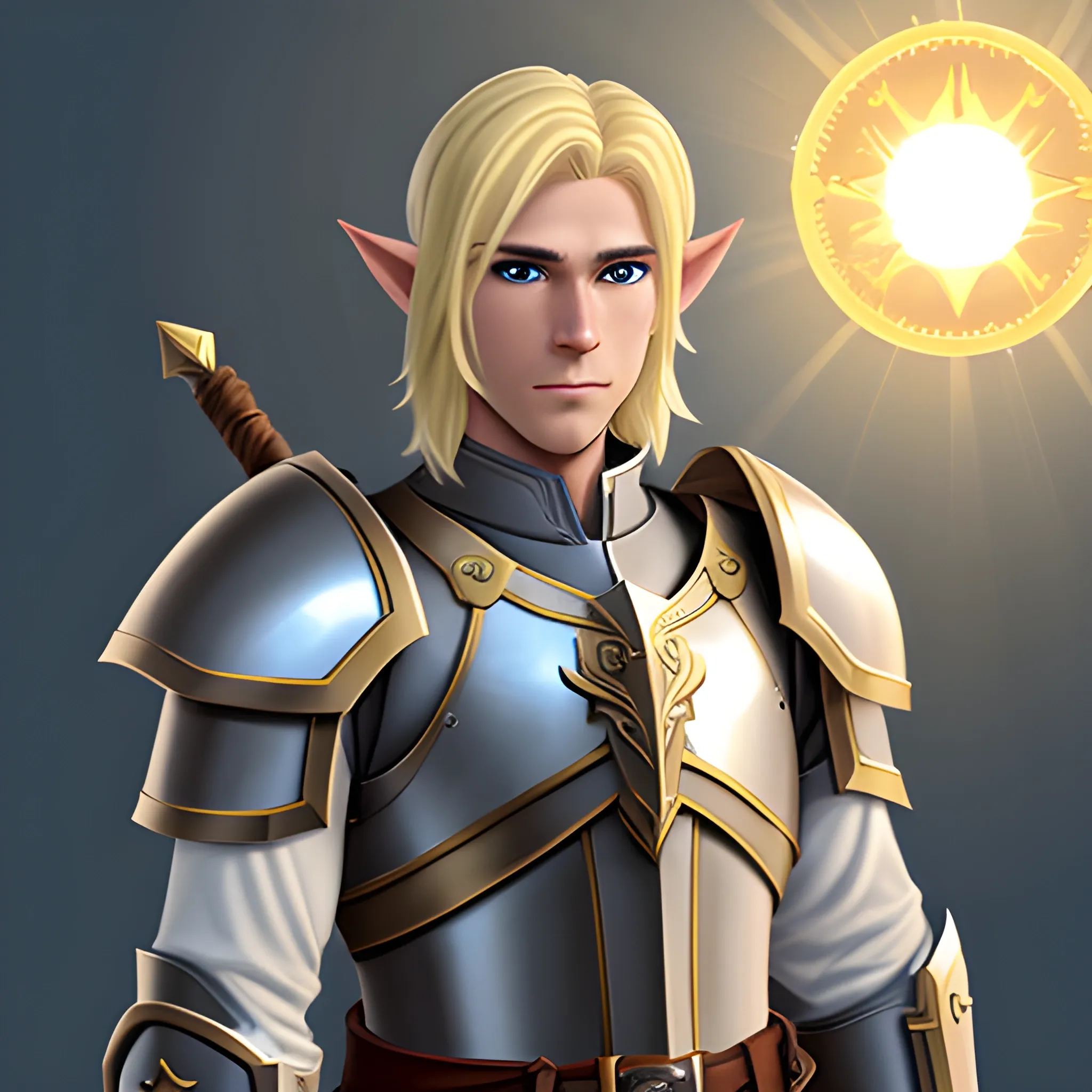 male half-elf, beginner paladin, blonde hair, cahinmail armor, shield with sun emblem, standard longsword, white background