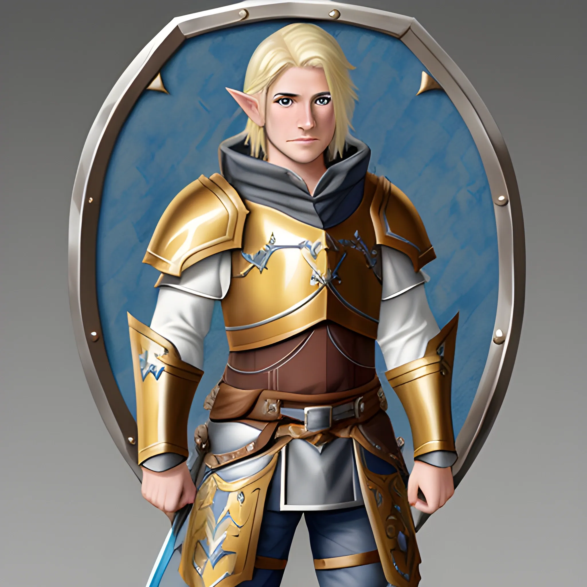 male half-elf, beginner paladin, blonde hair, cahinmail armor, shield with sun emblem, standard longsword, white background, Water Color