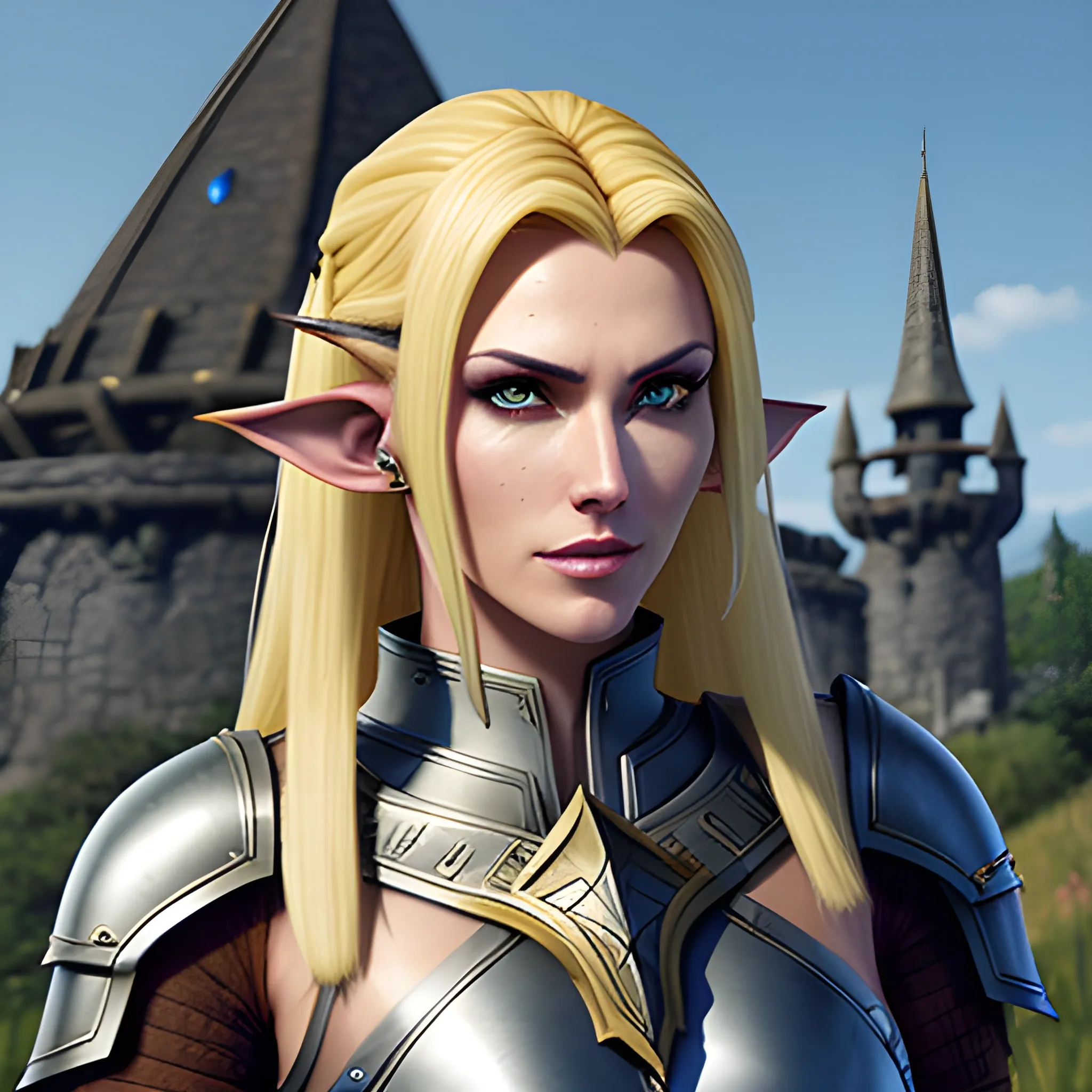 A young half-elf paladin who has a blend of human and elven features: pointed ears, a sharp jawline, and piercing bright eyes that radiate warmth and determination. His hair is a mix of sunlit blonde and light brown, slightly tousled. He wears chainmail armor and carries a standard longsword and a plain shield adorned with a simple sun emblem. The background is white, emphasizing the character, fantasy Style